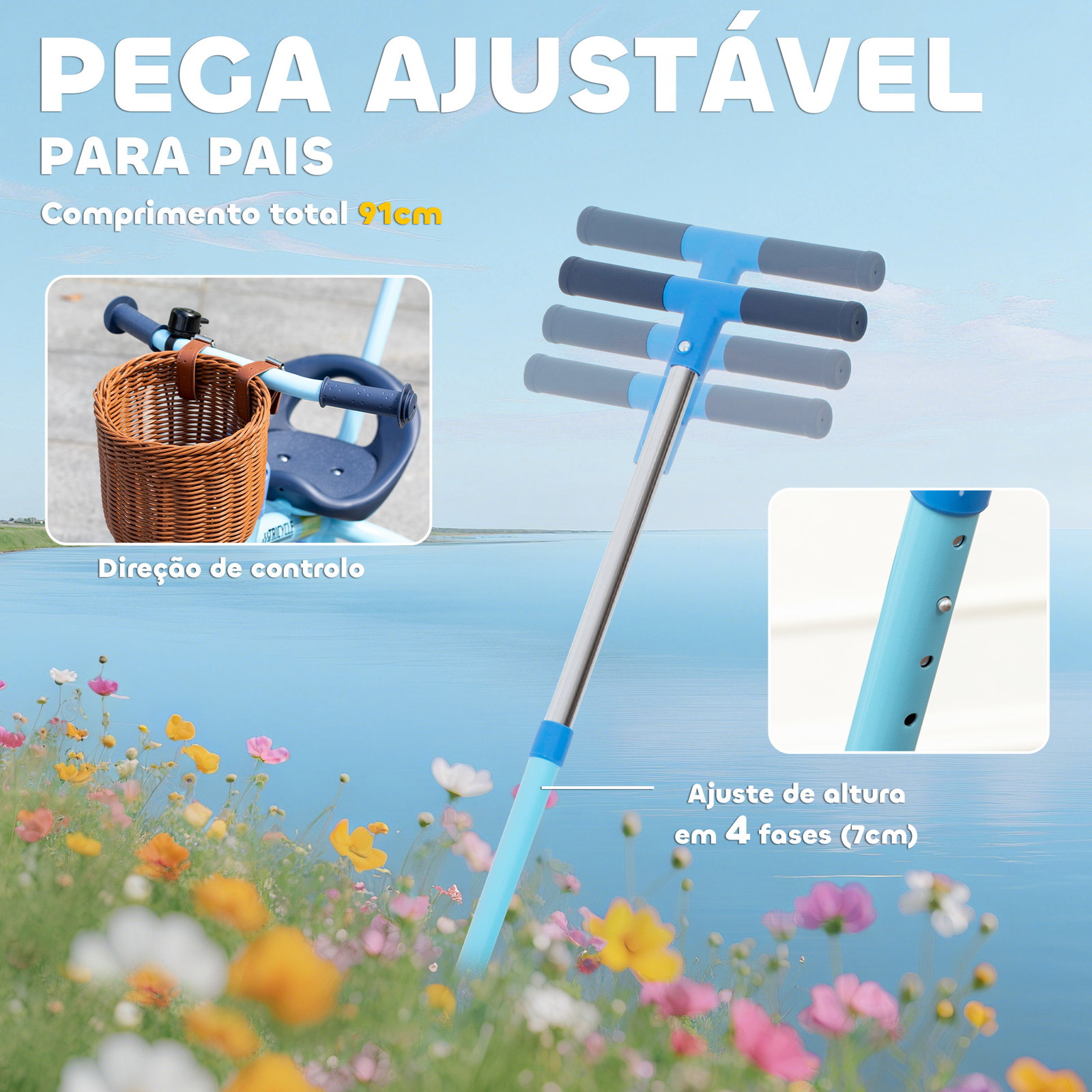 Triciclo para bebés 2 em 1 triciclo evolutivo para crianças com barra parental ajustável apoio para pés rebatível e cesto 93,5x47x96 cm azul