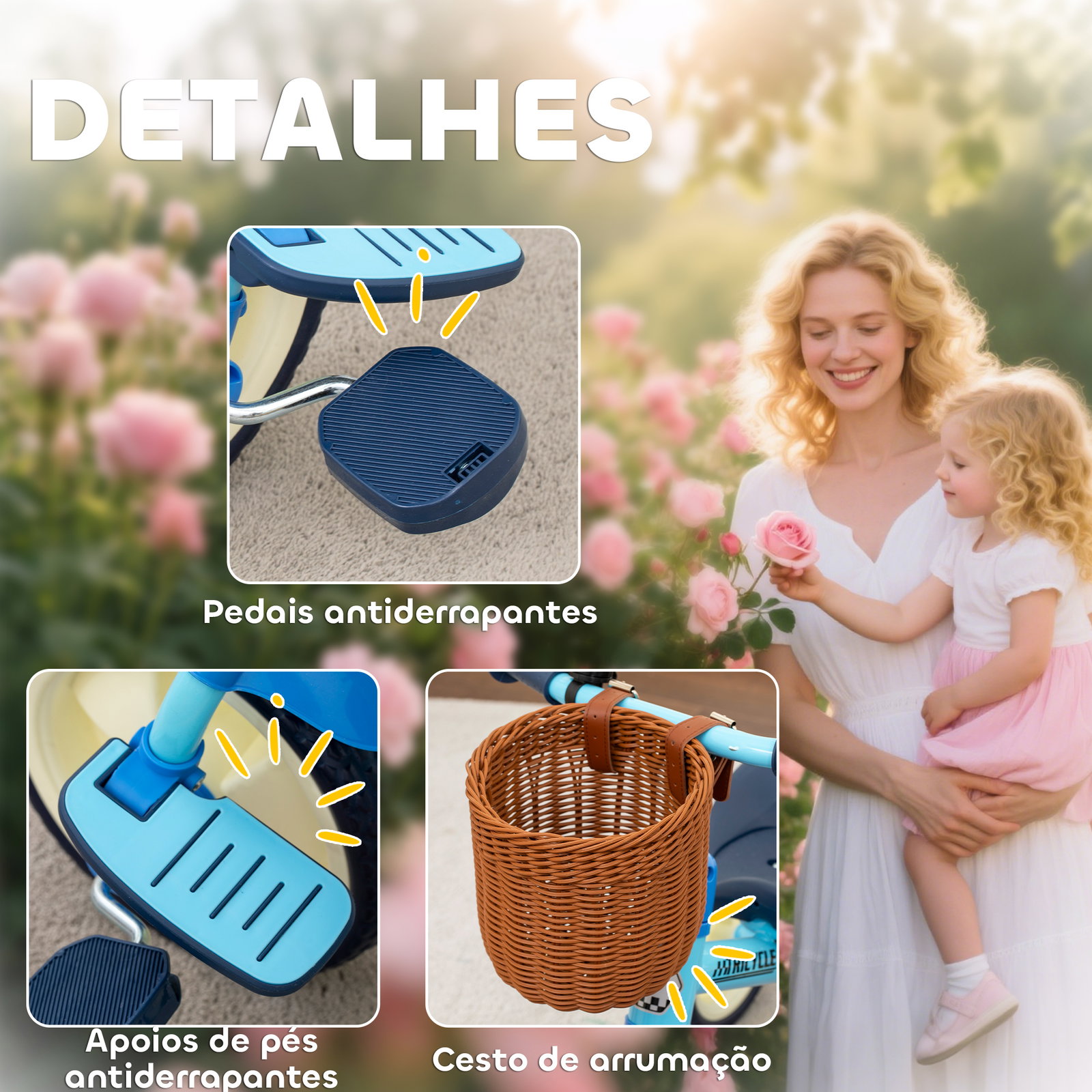 Triciclo para bebés 2 em 1 triciclo evolutivo para crianças com barra parental ajustável apoio para pés rebatível e cesto 93,5x47x96 cm azul