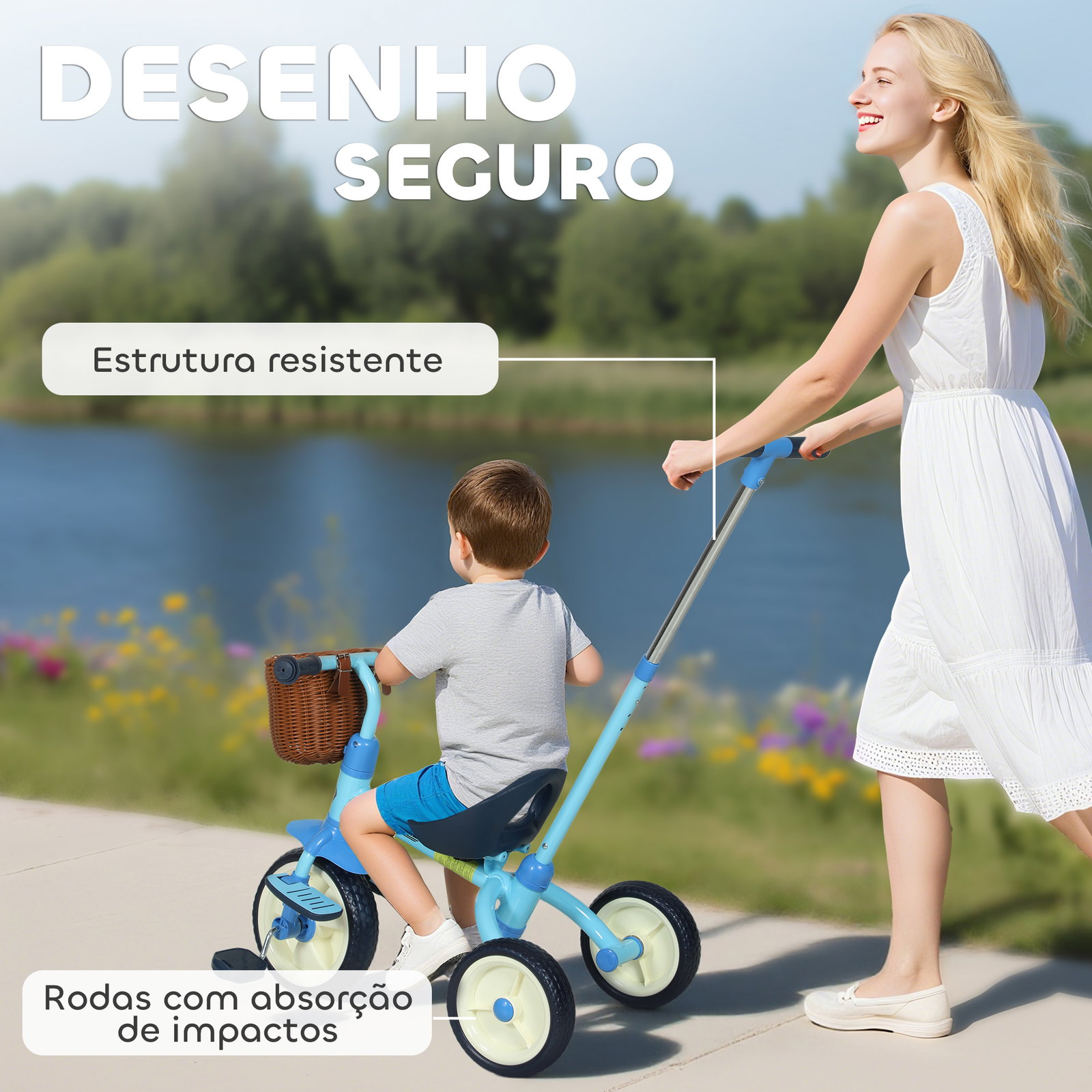 Triciclo para bebés 2 em 1 triciclo evolutivo para crianças com barra parental ajustável apoio para pés rebatível e cesto 93,5x47x96 cm azul