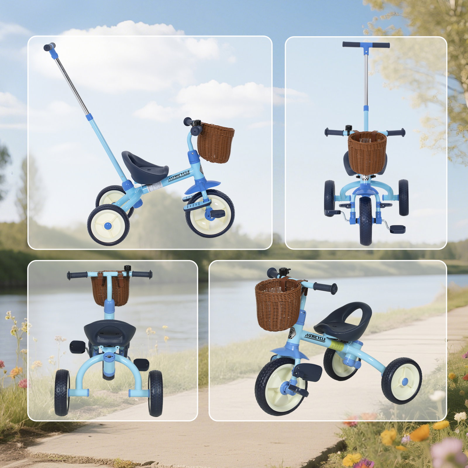 Triciclo para bebés 2 em 1 triciclo evolutivo para crianças com barra parental ajustável apoio para pés rebatível e cesto 93,5x47x96 cm azul