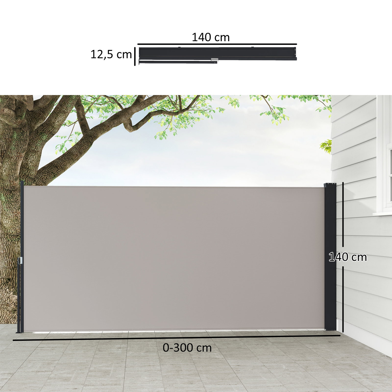 Toldo lateral retrátil toldo enrolável de privacidade e proteção solar para jardim varanda 300x140 cm cinza claro 123/200