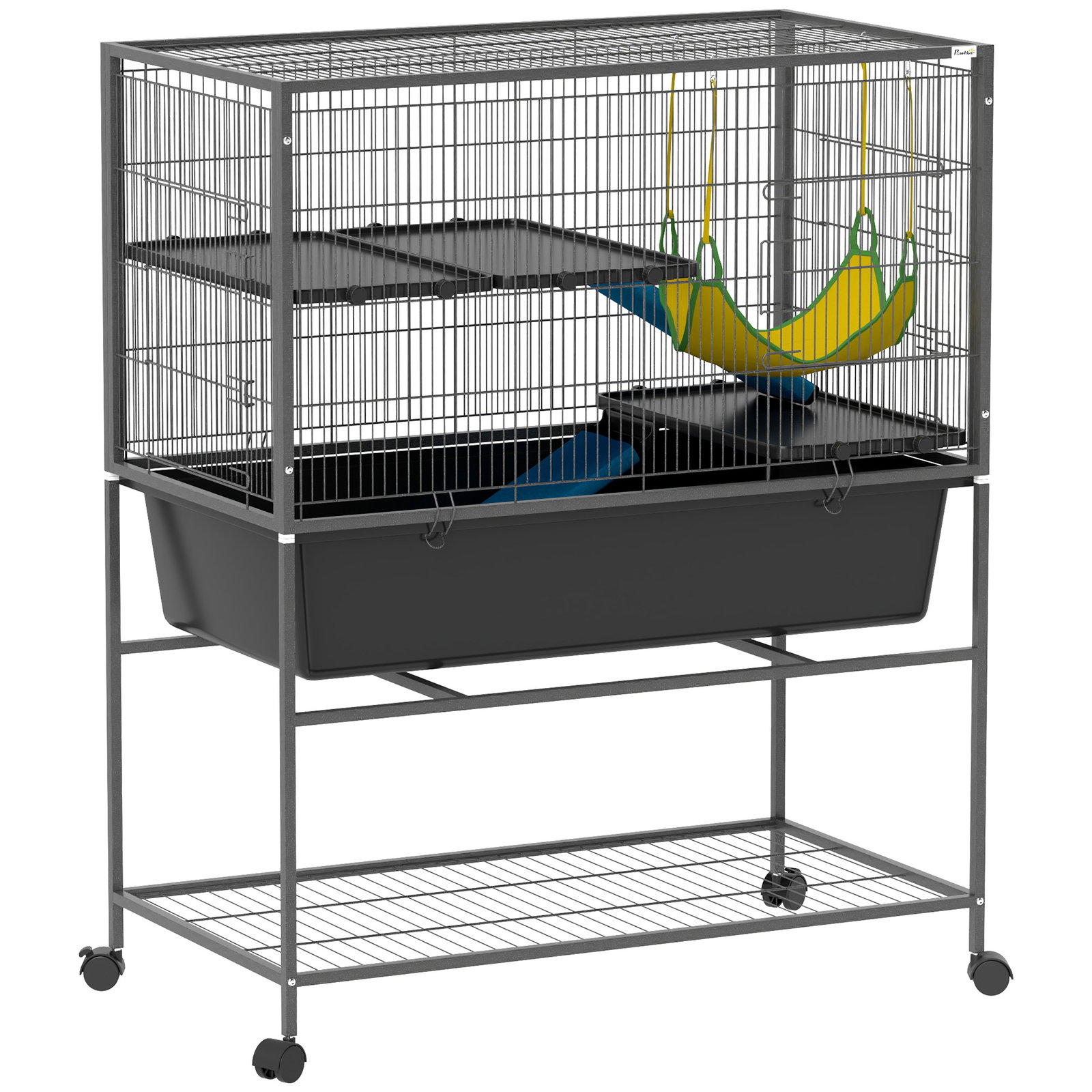 Gaiola para animais pequenos de 3 níveis com rodas rampas e bandeja amovível recinto para roedores 88x48x102 cm cinza escuro