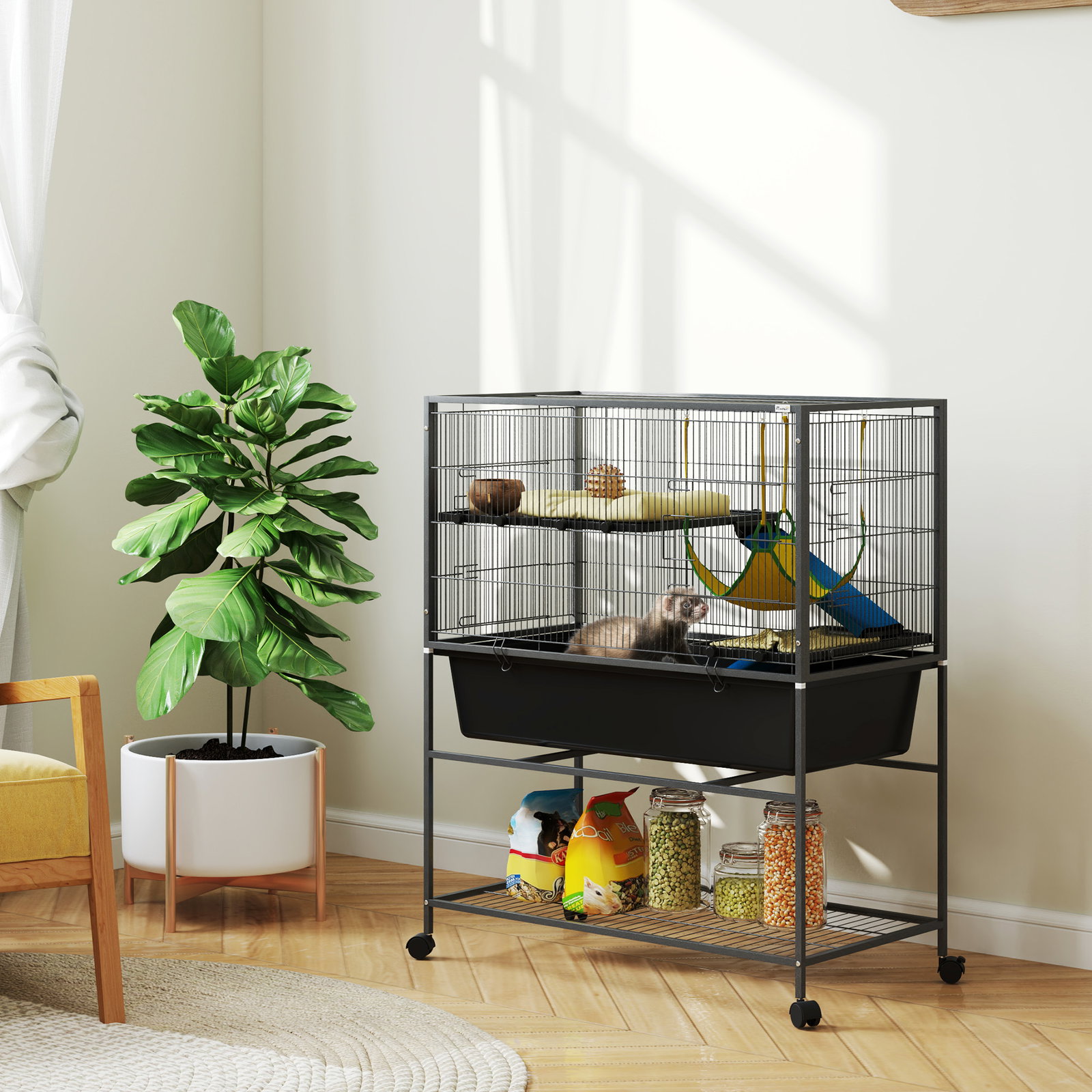 Gaiola para animais pequenos de 3 níveis com rodas rampas e bandeja amovível recinto para roedores 88x48x102 cm cinza escuro