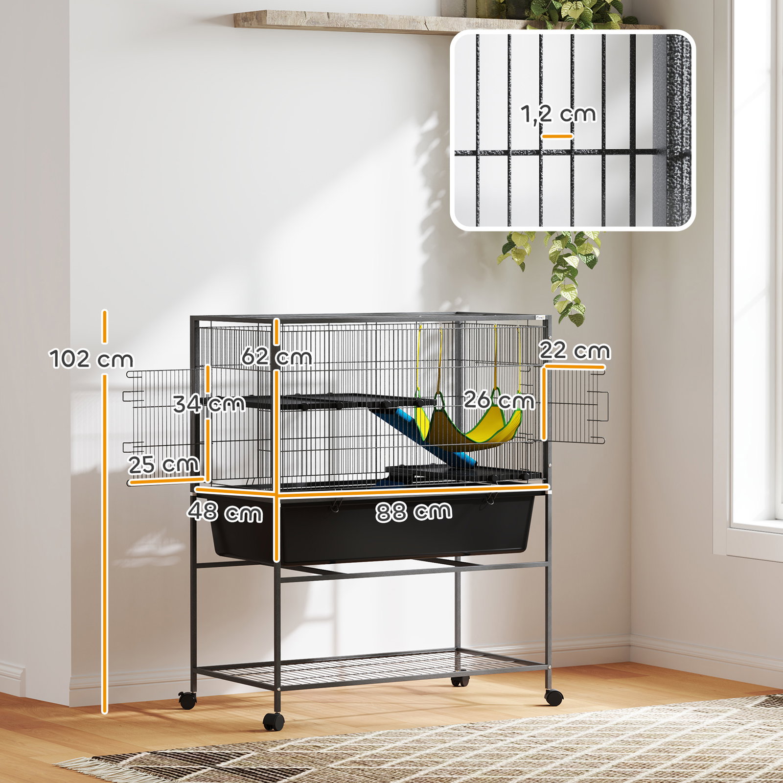 Gaiola para animais pequenos de 3 níveis com rodas rampas e bandeja amovível recinto para roedores 88x48x102 cm cinza escuro