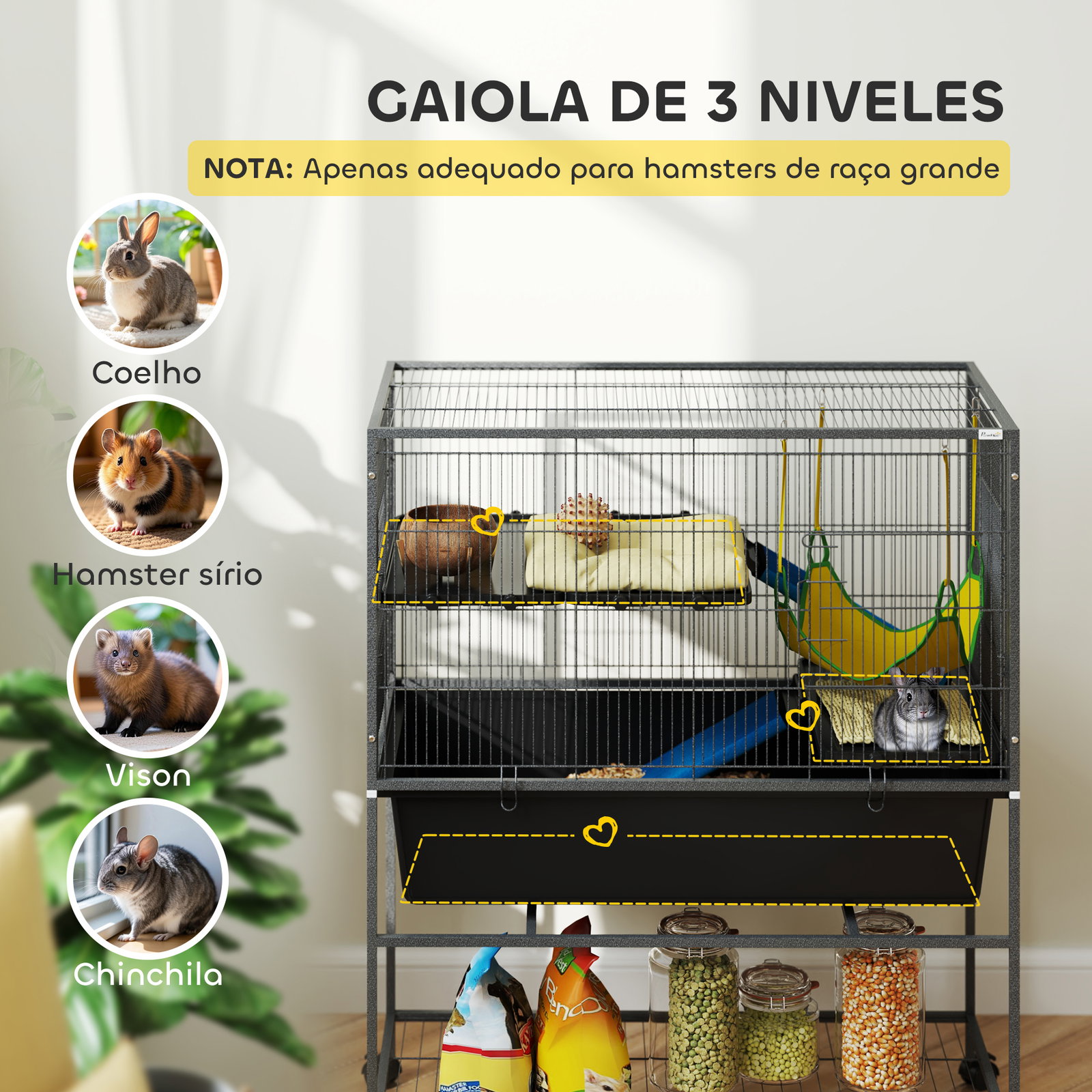Gaiola para animais pequenos de 3 níveis com rodas rampas e bandeja amovível recinto para roedores 88x48x102 cm cinza escuro