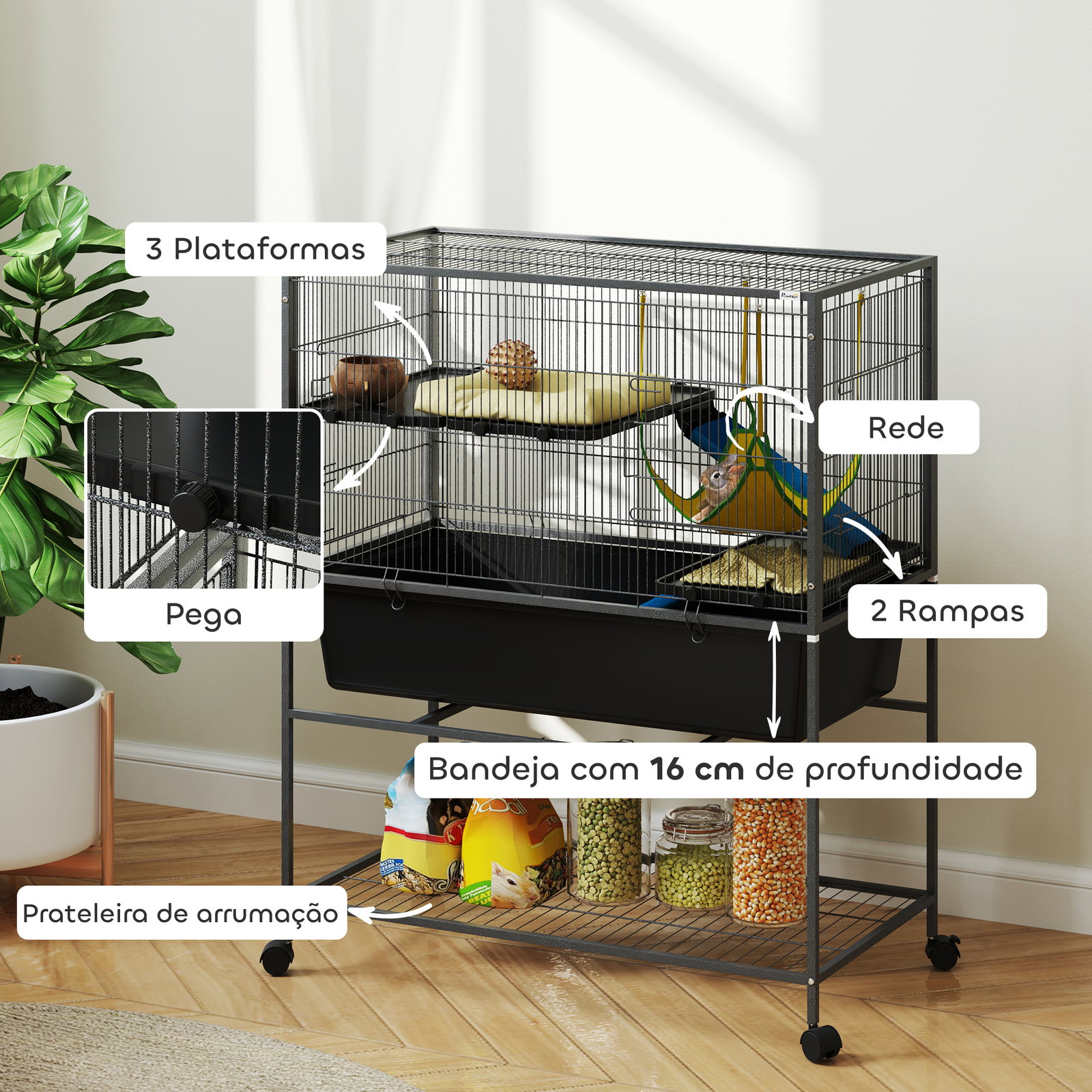 Gaiola para animais pequenos de 3 níveis com rodas rampas e bandeja amovível recinto para roedores 88x48x102 cm cinza escuro