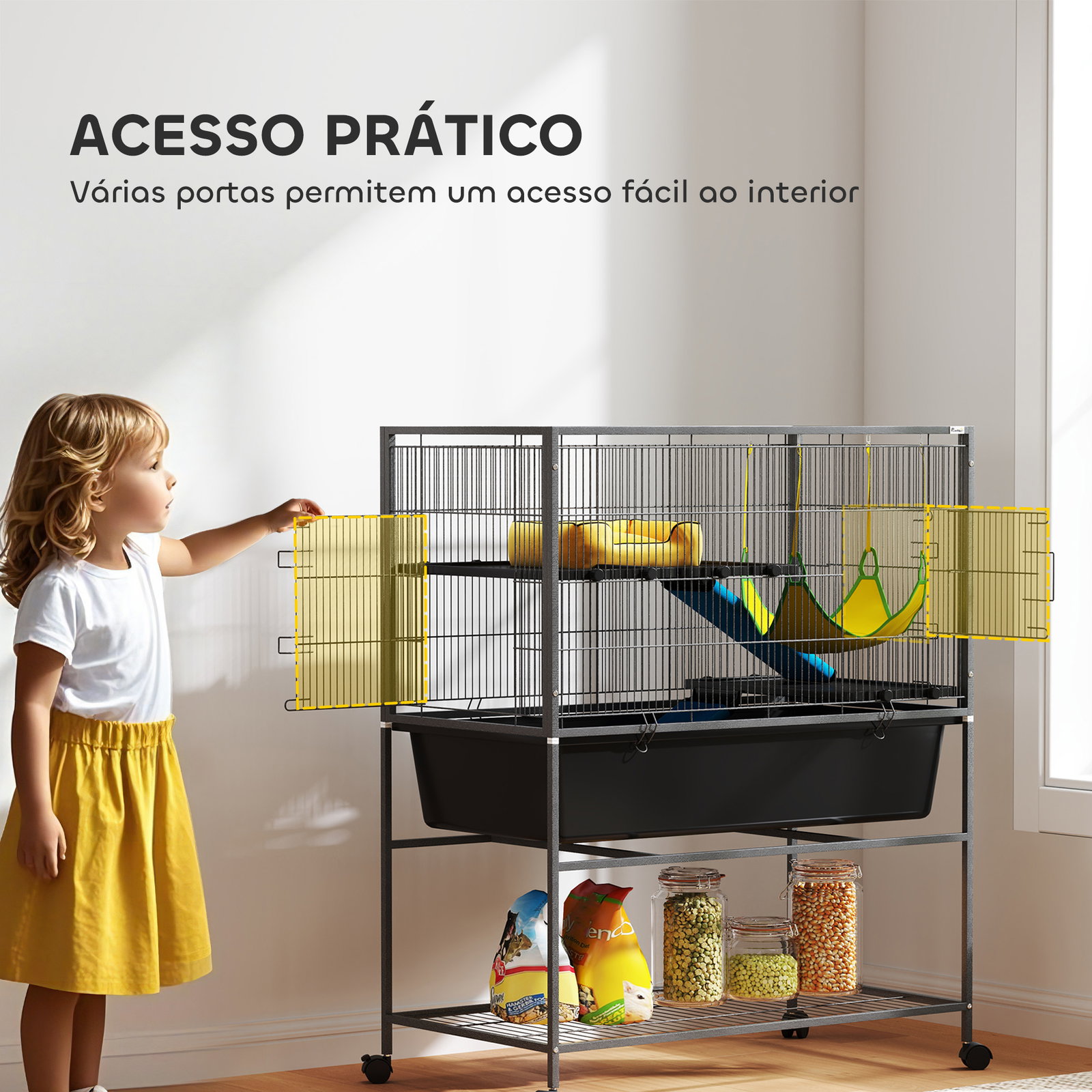 Gaiola para animais pequenos de 3 níveis com rodas rampas e bandeja amovível recinto para roedores 88x48x102 cm cinza escuro