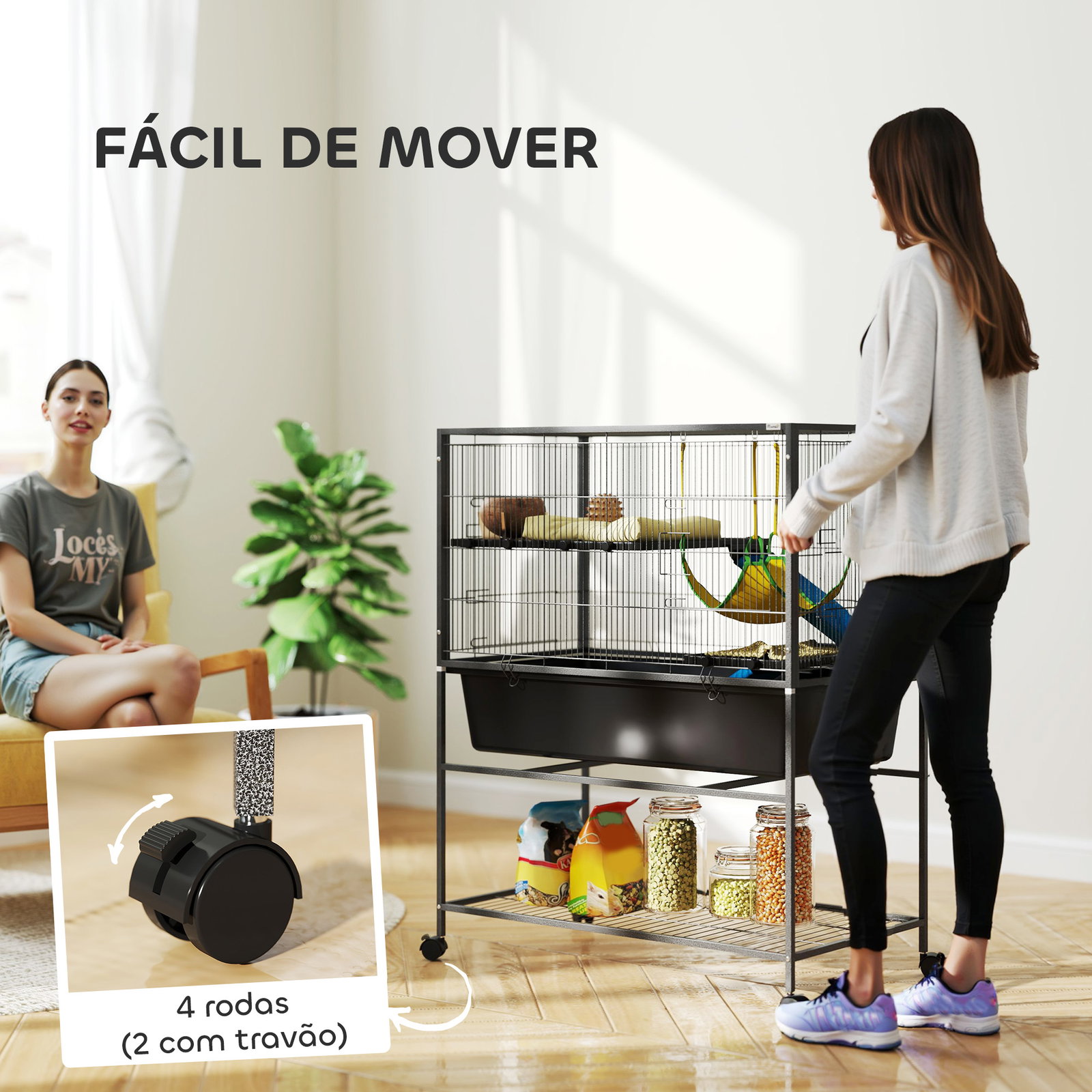 Gaiola para animais pequenos de 3 níveis com rodas rampas e bandeja amovível recinto para roedores 88x48x102 cm cinza escuro