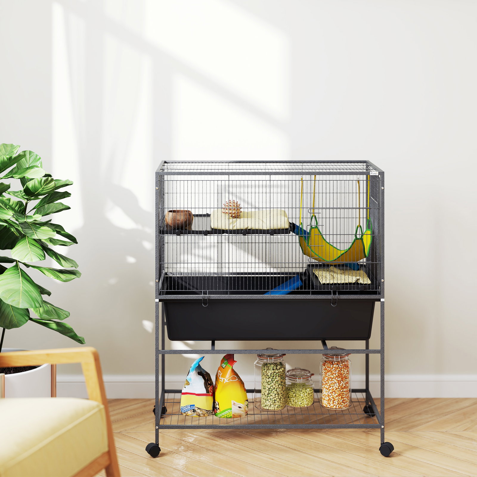 Gaiola para animais pequenos de 3 níveis com rodas rampas e bandeja amovível recinto para roedores 88x48x102 cm cinza escuro