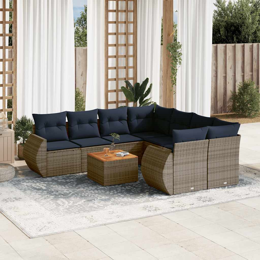 Conjunto de sofá de jardim de 9 peças com almofadas em rattan sintético cinza