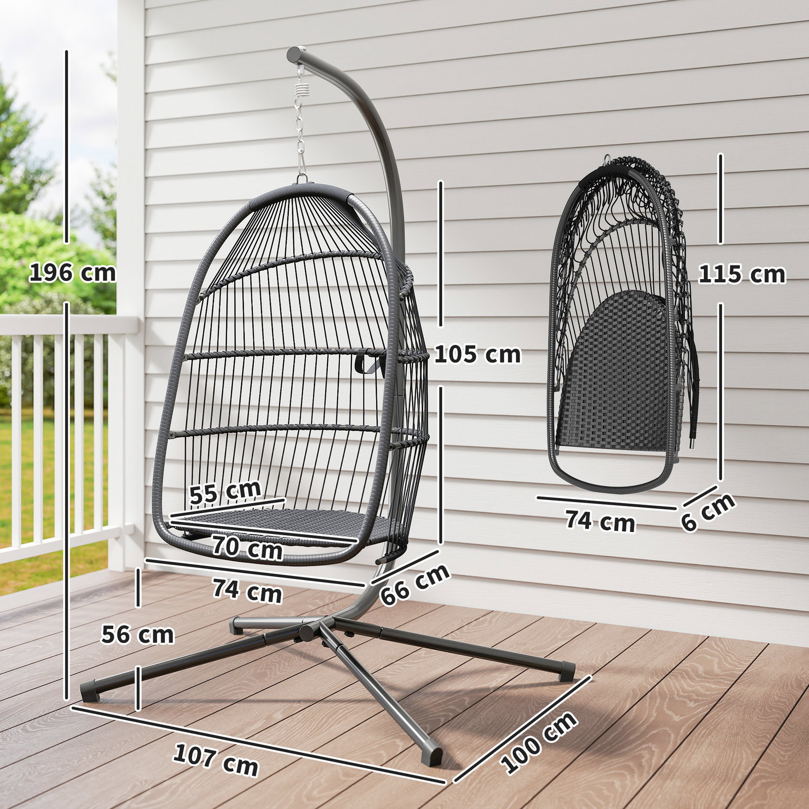 Cadeira suspensa tipo ovo com estrutura, cesta dobrável almofada e apoio de cabeça para interior e exterior suporta 150 kg cinzento