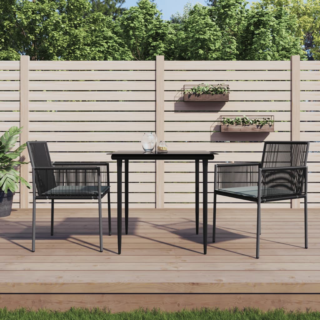 3 Pcs conjunto jantar p/ jardim c/ almofadões vime PE/aço preto
