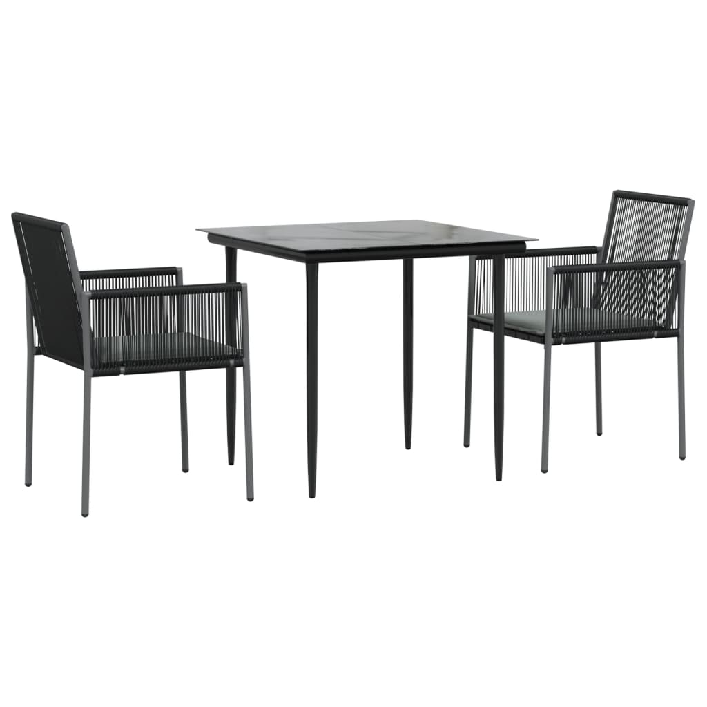 3 Pcs conjunto jantar p/ jardim c/ almofadões vime PE/aço preto