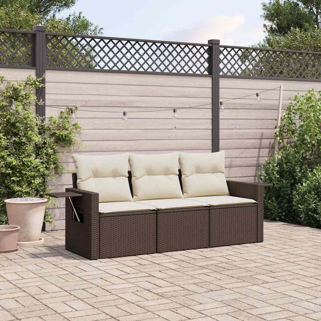 3 Pcs conjunto sofás de jardim com almofadões vime PE castanho