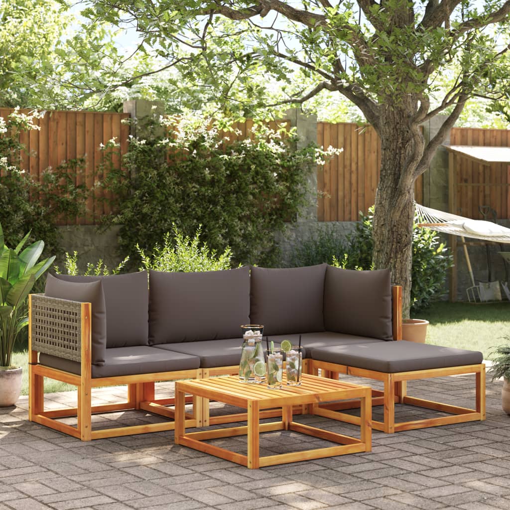 Conjunto de sofás de jardim de 5 peças com almofadas de madeira de acácia e vime