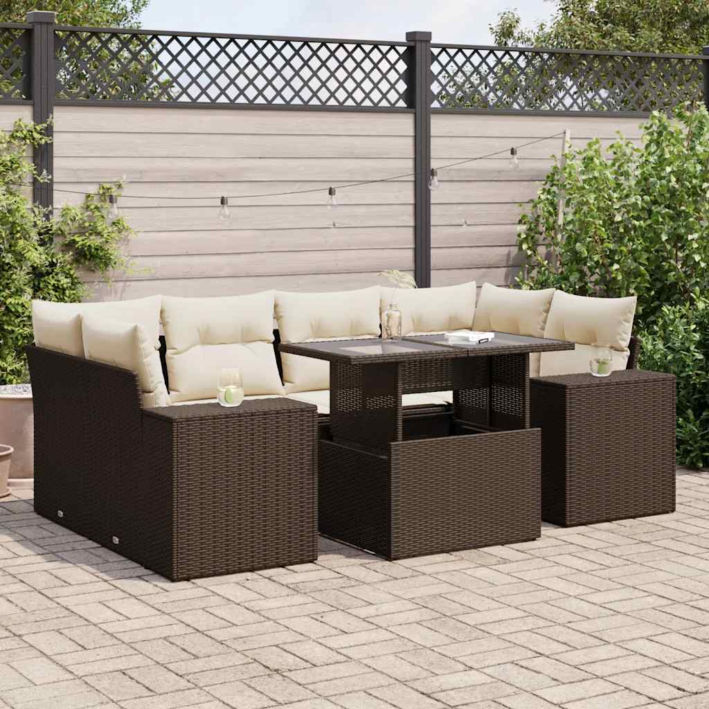 7 Pcs conjunto de sofás jardim c/ almofadões vime PE castanho