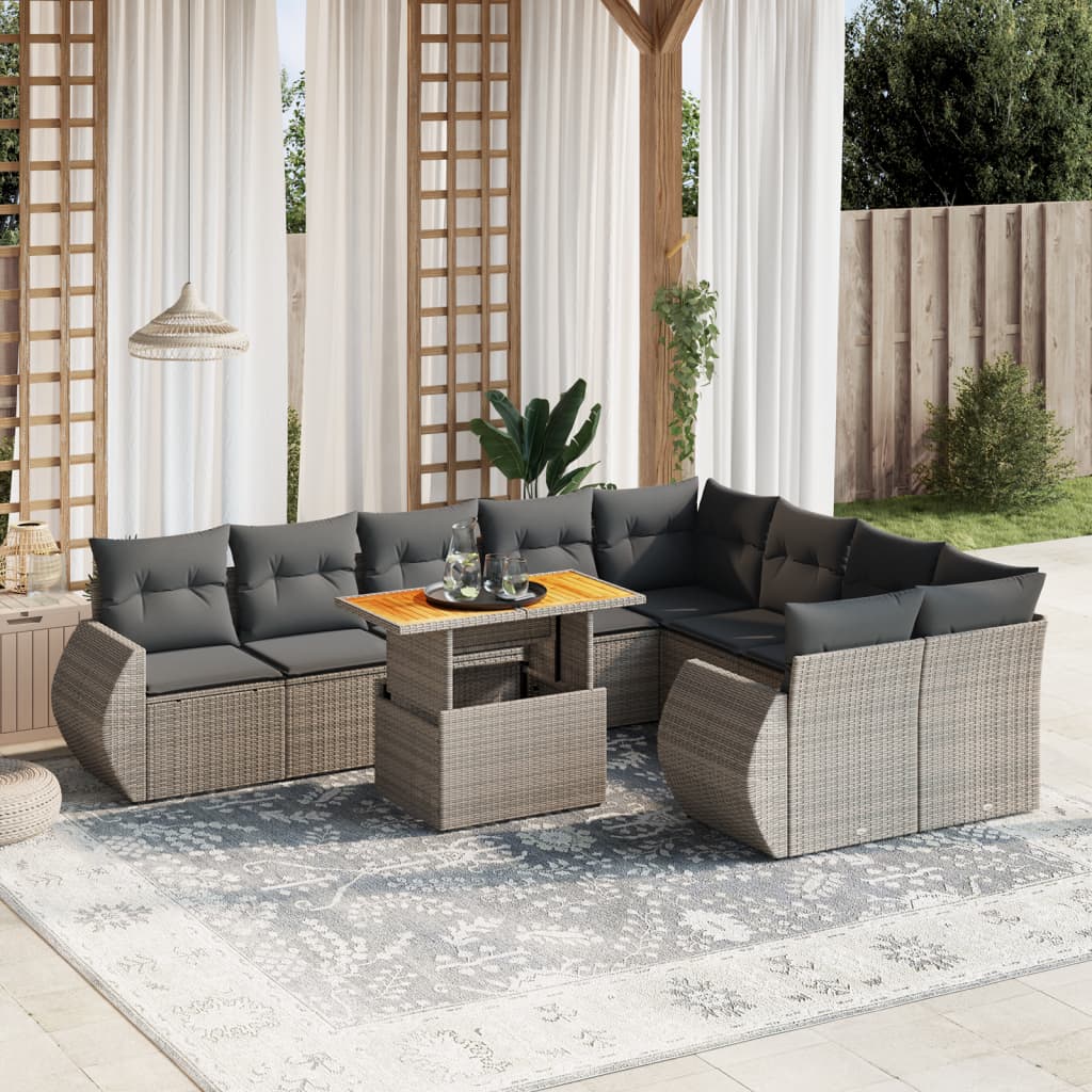 10 Pcs conjunto sofás de jardim c/ almofadões vime PE cinzento