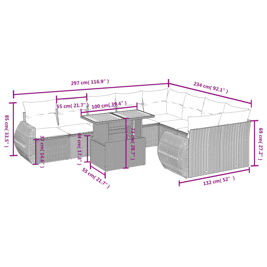 10 Pcs conjunto sofás de jardim c/ almofadões vime PE cinzento