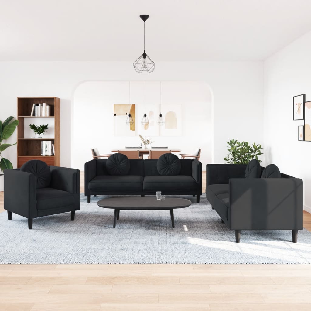 3 Pcs conjunto de sofás com almofadas veludo preto