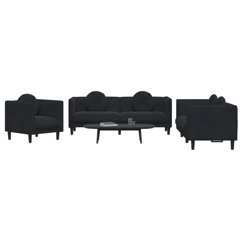 3 Pcs conjunto de sofás com almofadas veludo preto