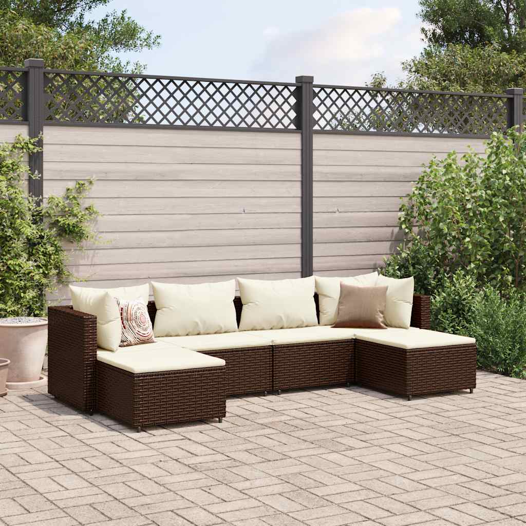 6 Pcs conj. lounge jardim c/ almofadões 6 pcs vime PE castanho