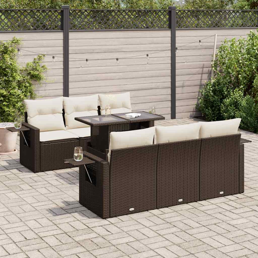 7 Pcs conjunto de sofás jardim c/ almofadões vime PE castanho