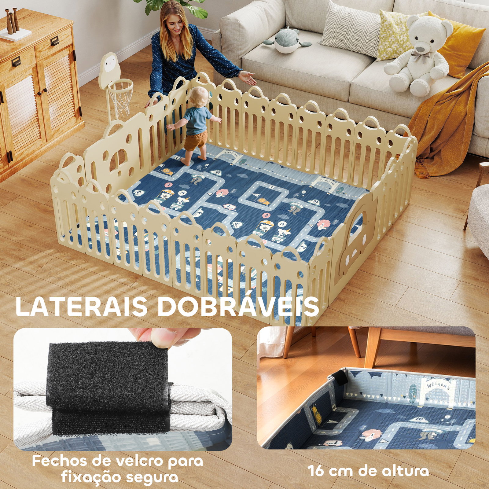 Tapete de brincar dobrável acolchoado para bebé 202x180,5x1 cm laterais dobráveis tapete de atividades bebé xpe impermeável multicor