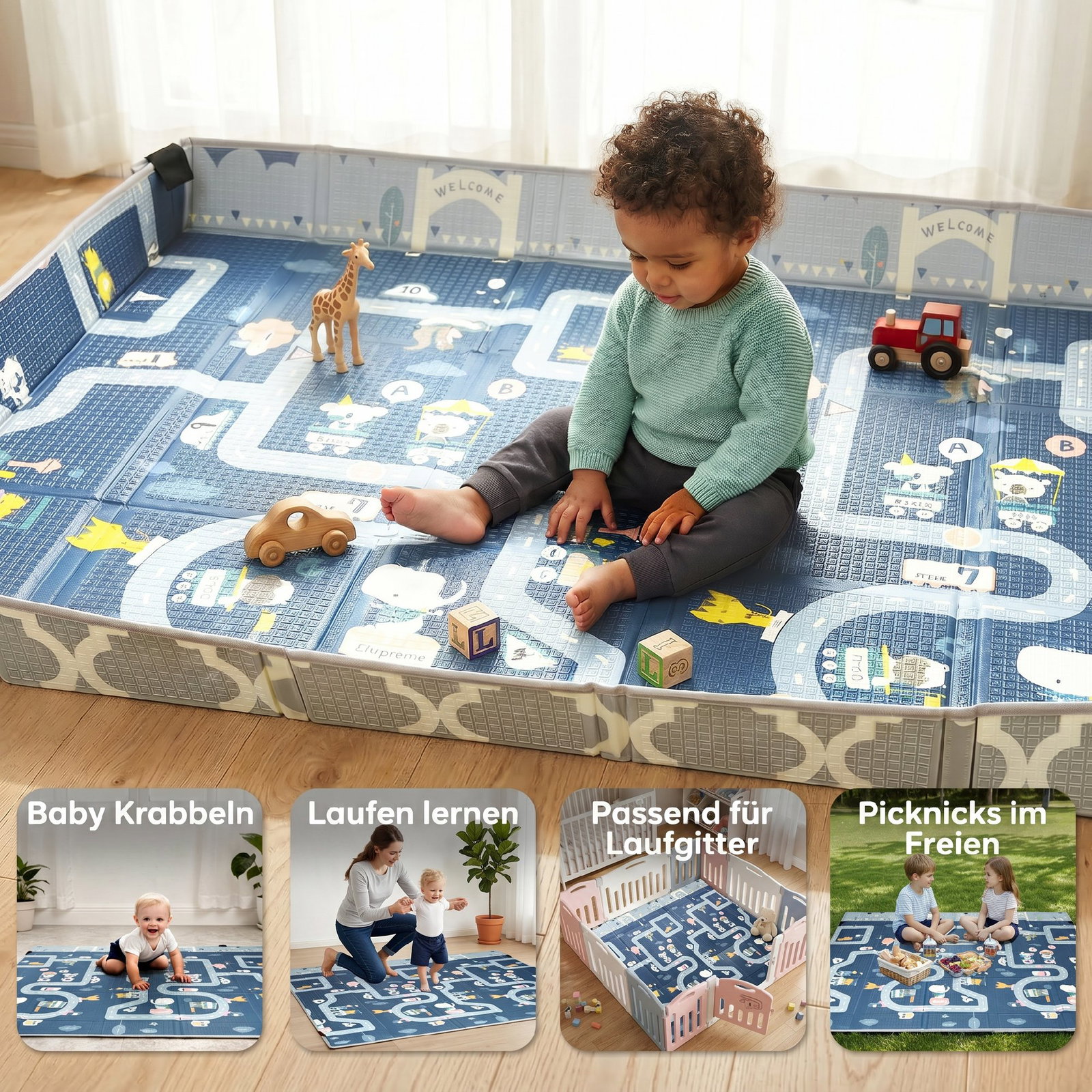 Tapete de brincar dobrável acolchoado para bebé 202x180,5x1 cm laterais dobráveis tapete de atividades bebé xpe impermeável multicor