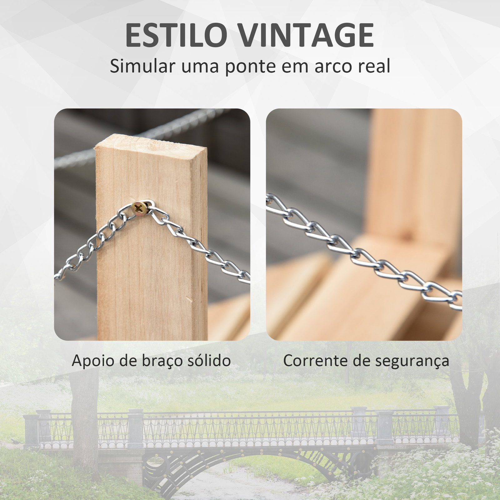Ponte de jardim de madeira com corrimãos de correntes metálicas ponte decorativa para lagoa para 100x32x48 cm madeira