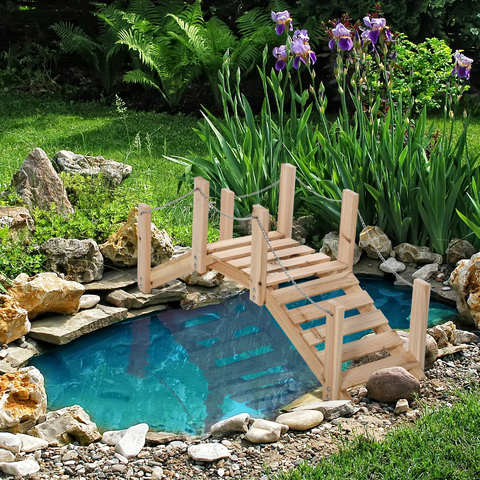 Ponte de jardim de madeira com corrimãos de correntes metálicas ponte decorativa para lagoa para 100x32x48 cm madeira