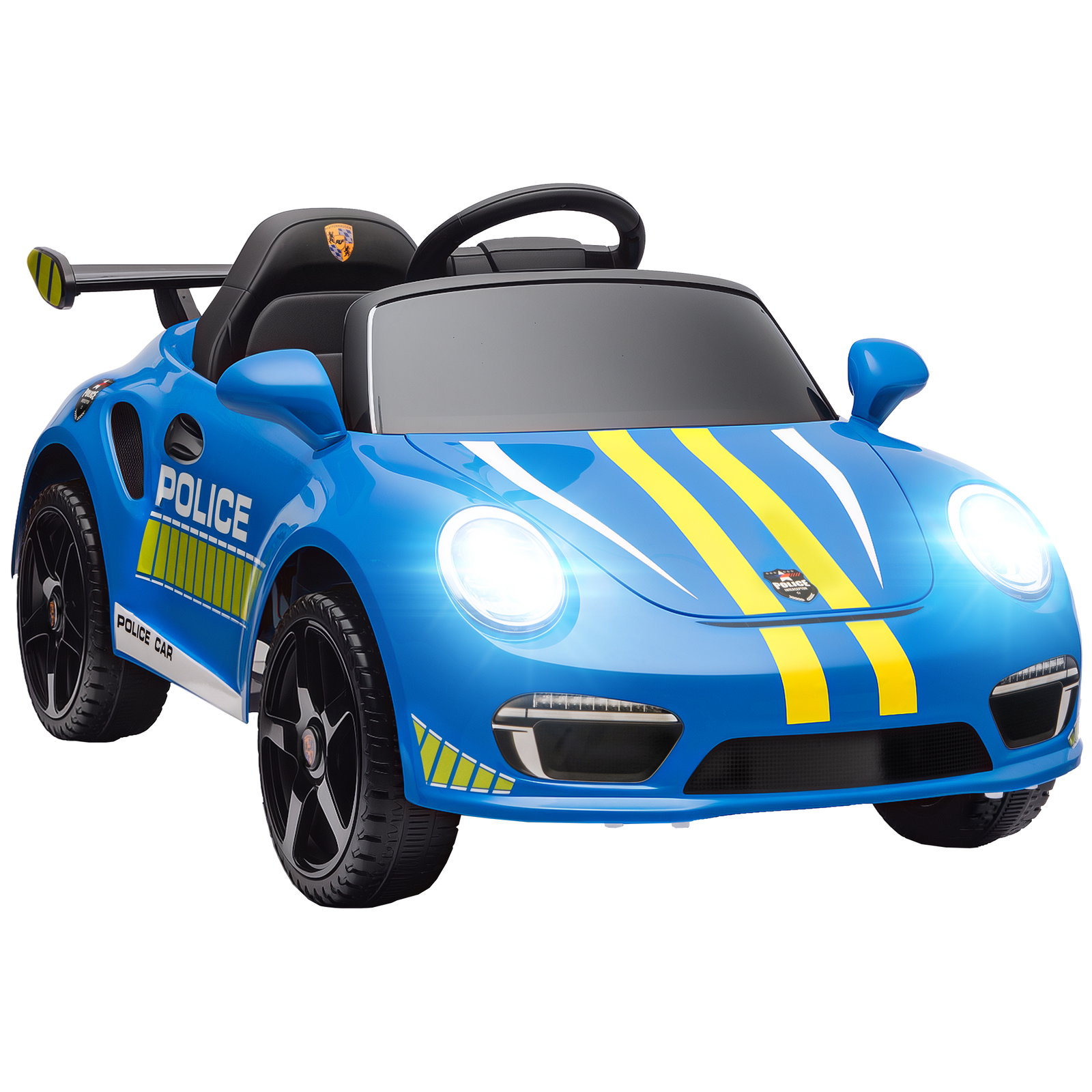 Carro elétrico para crianças de polícia 12v com motor duplo sirene música sem fios buzina rodas auxiliares e faróis LED 105x58x49 cm azul