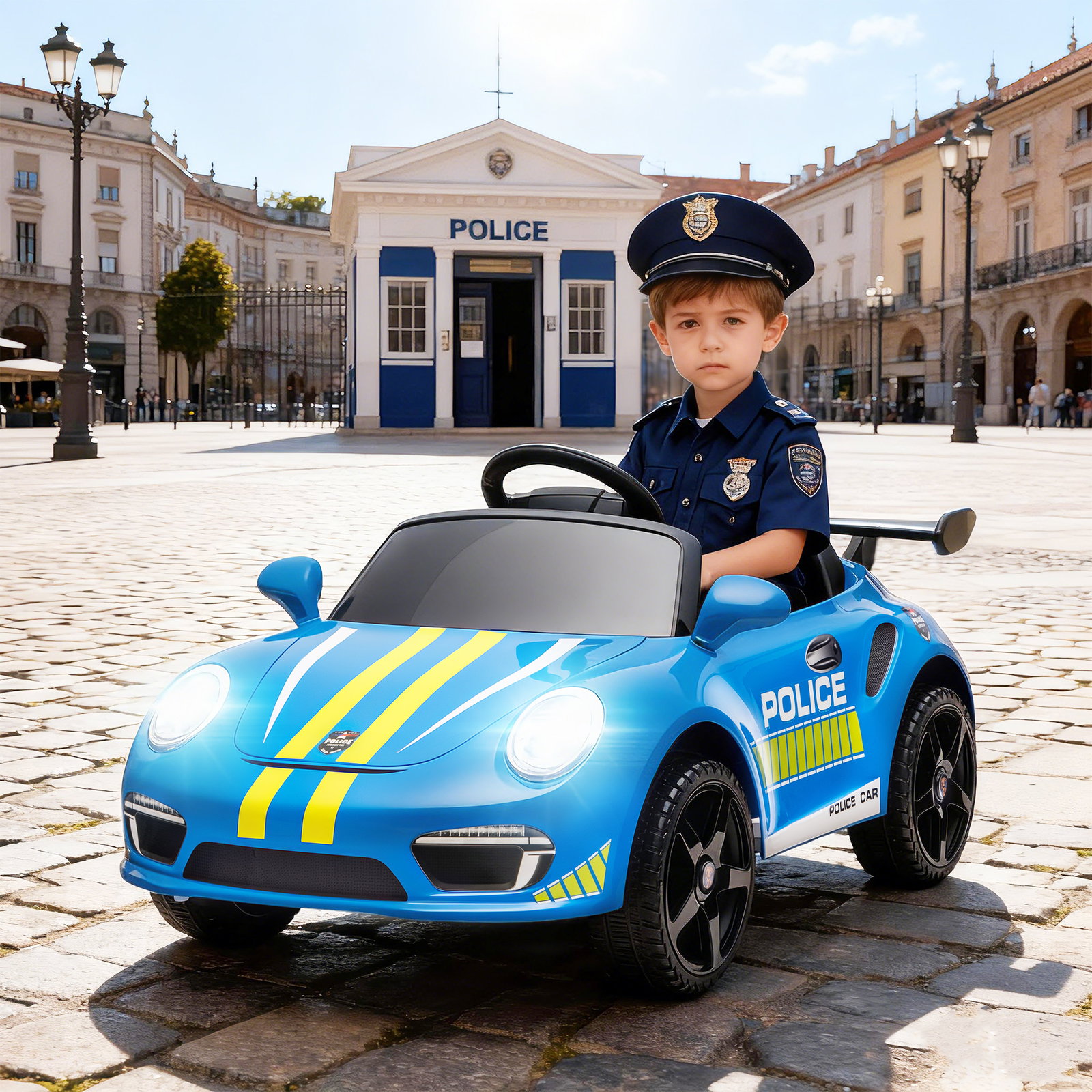 Carro elétrico para crianças de polícia 12v com motor duplo sirene música sem fios buzina rodas auxiliares e faróis LED 105x58x49 cm azul