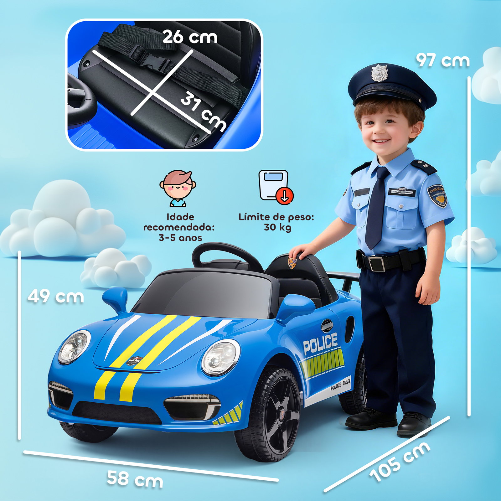 Carro elétrico para crianças de polícia 12v com motor duplo sirene música sem fios buzina rodas auxiliares e faróis LED 105x58x49 cm azul