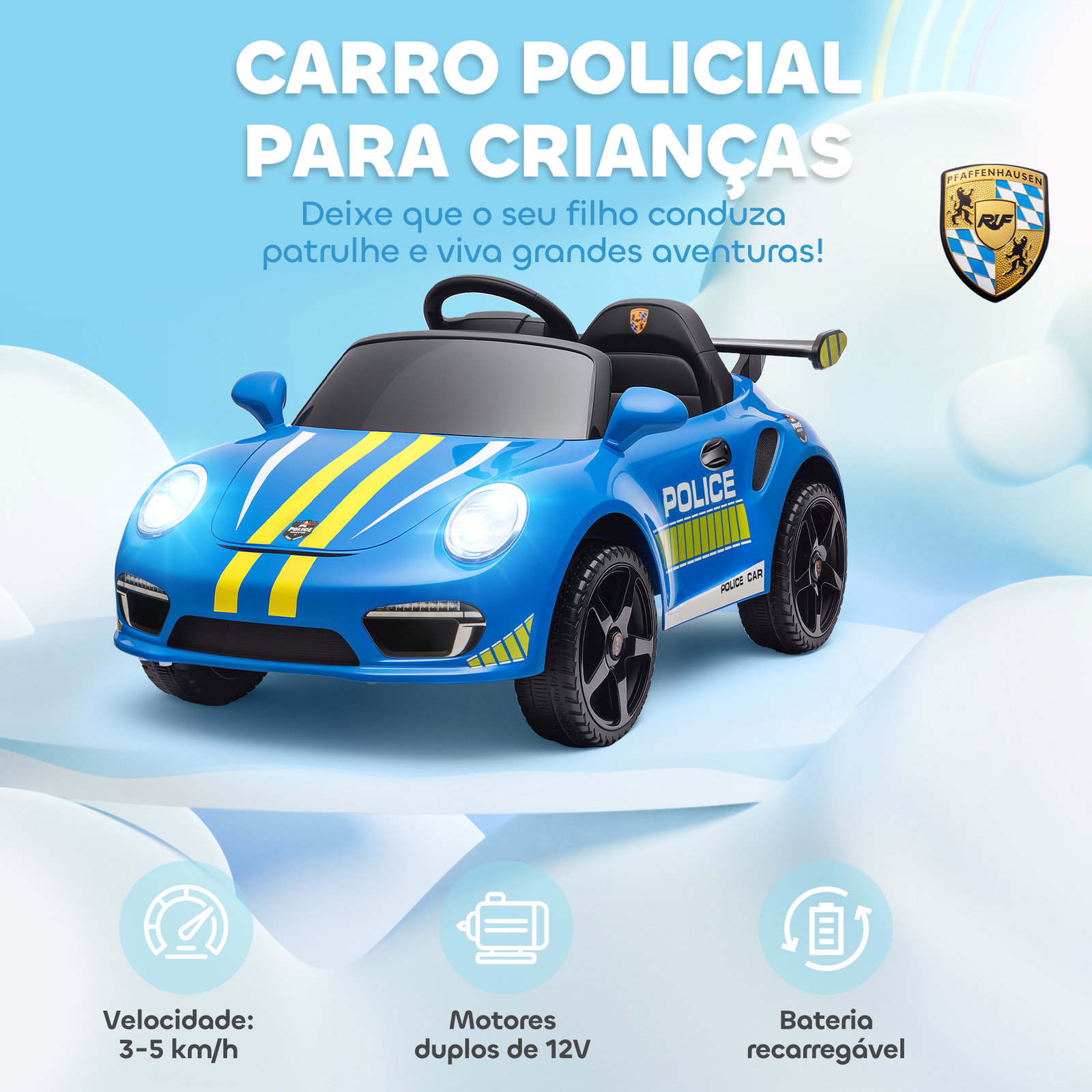 Carro elétrico para crianças de polícia 12v com motor duplo sirene música sem fios buzina rodas auxiliares e faróis LED 105x58x49 cm azul