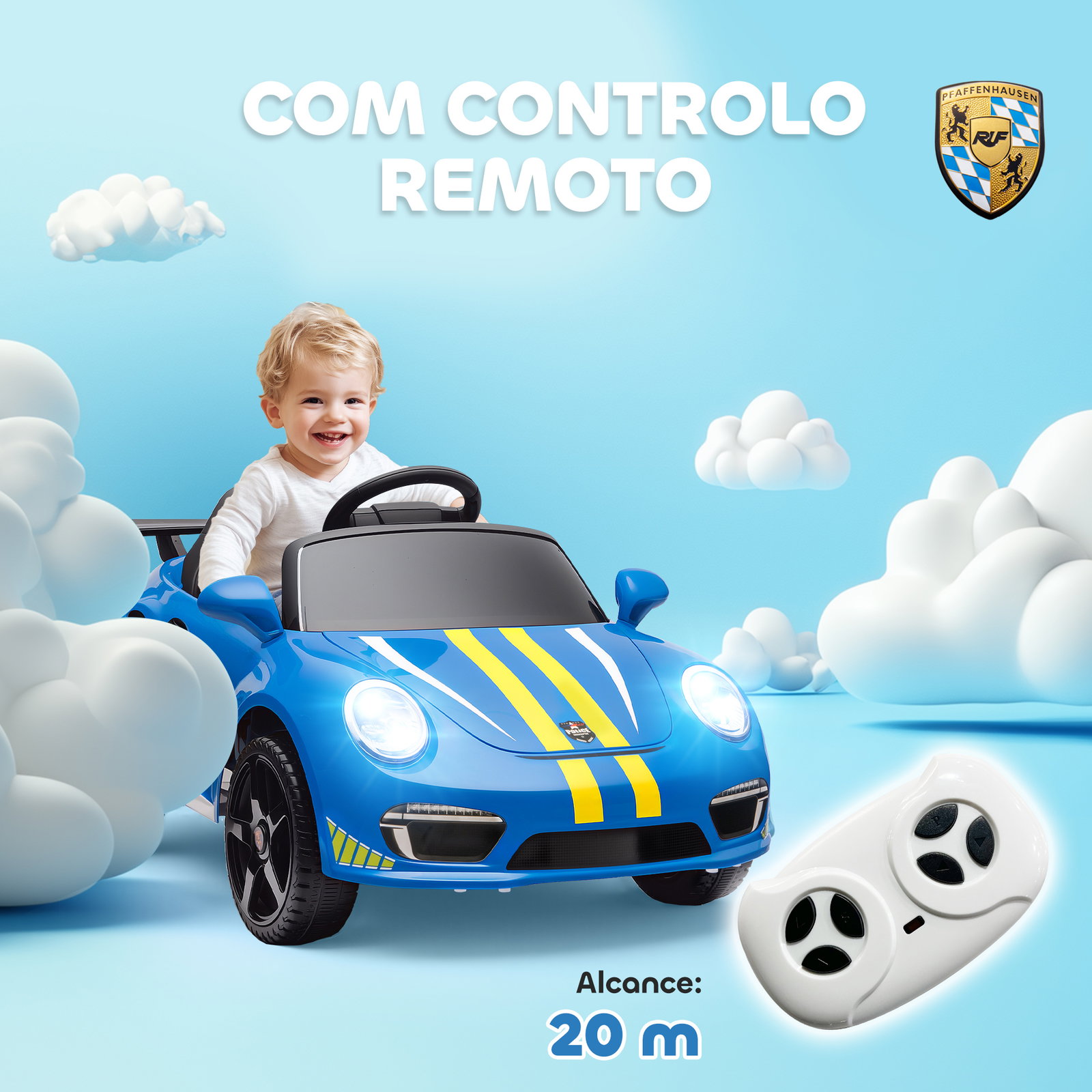 Carro elétrico para crianças de polícia 12v com motor duplo sirene música sem fios buzina rodas auxiliares e faróis LED 105x58x49 cm azul