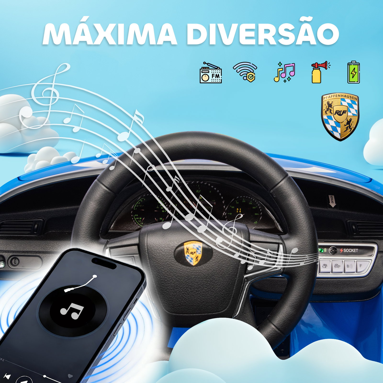 Carro elétrico para crianças de polícia 12v com motor duplo sirene música sem fios buzina rodas auxiliares e faróis LED 105x58x49 cm azul