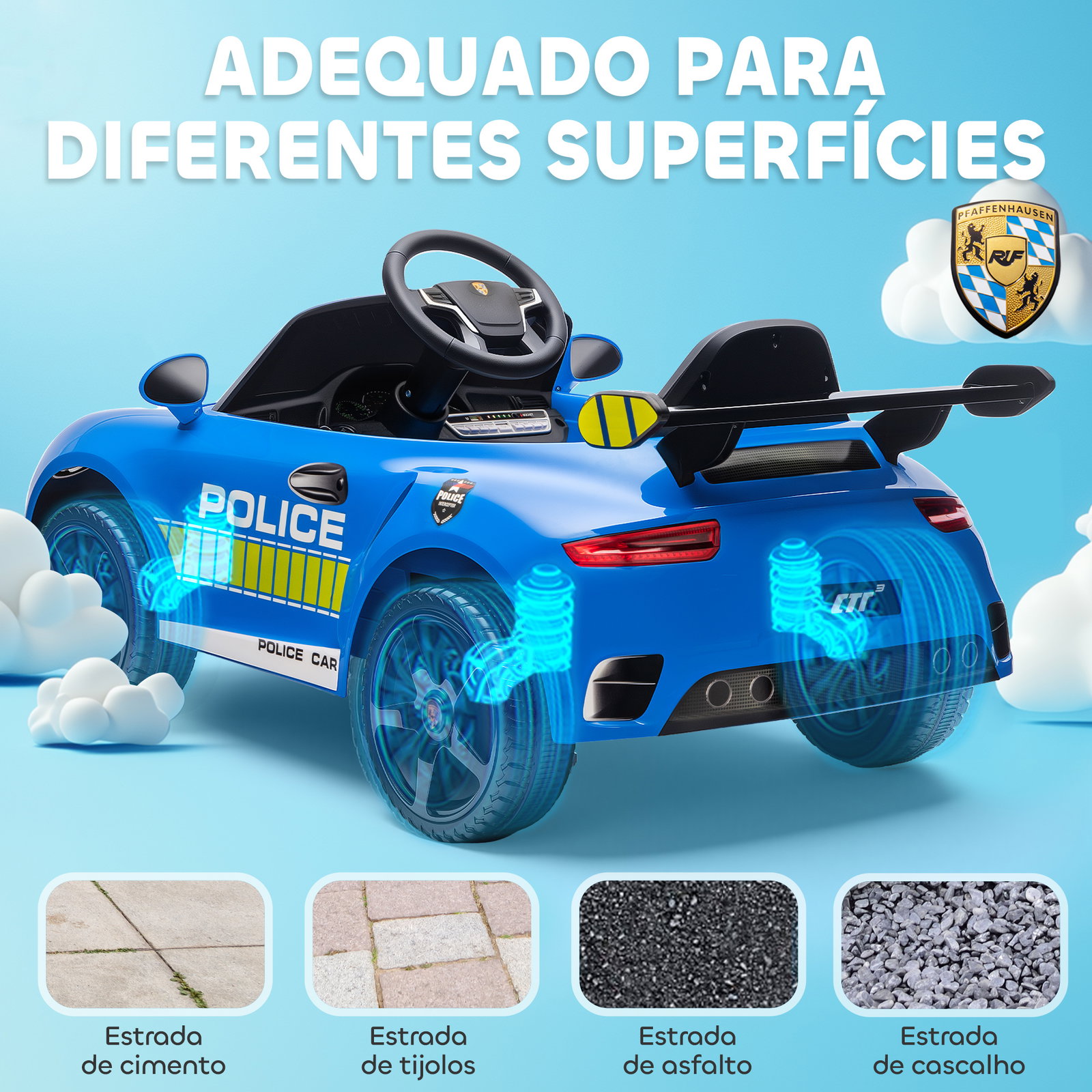 Carro elétrico para crianças de polícia 12v com motor duplo sirene música sem fios buzina rodas auxiliares e faróis LED 105x58x49 cm azul
