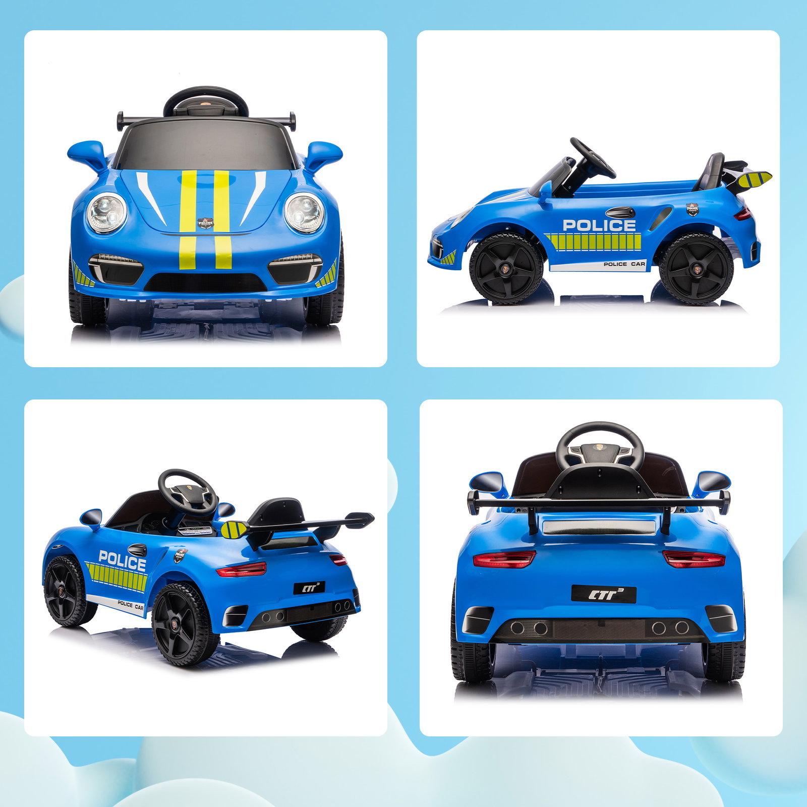 Carro elétrico para crianças de polícia 12v com motor duplo sirene música sem fios buzina rodas auxiliares e faróis LED 105x58x49 cm azul