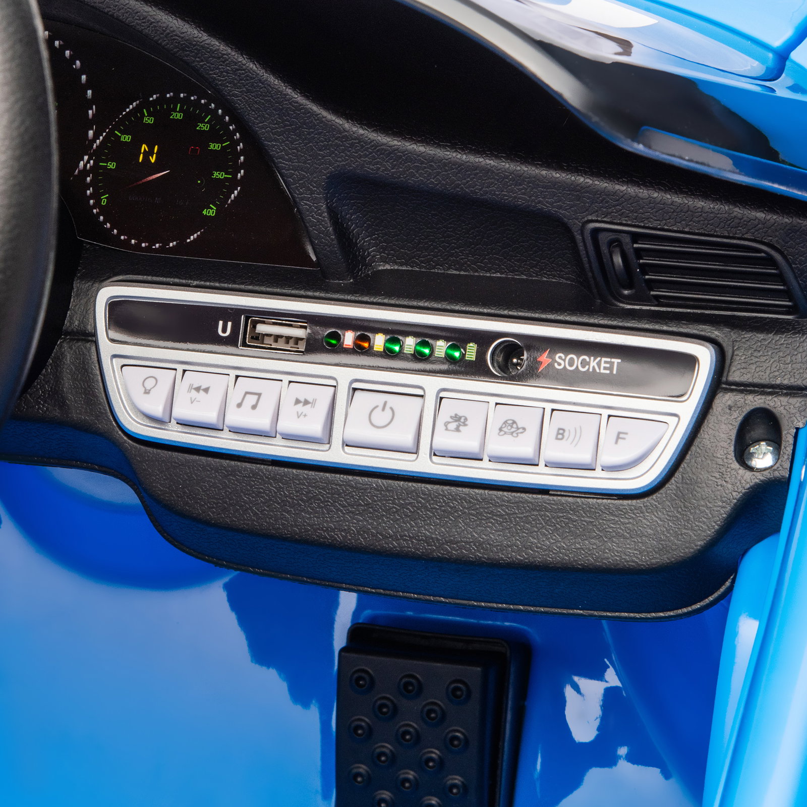 Carro elétrico para crianças de polícia 12v com motor duplo sirene música sem fios buzina rodas auxiliares e faróis LED 105x58x49 cm azul