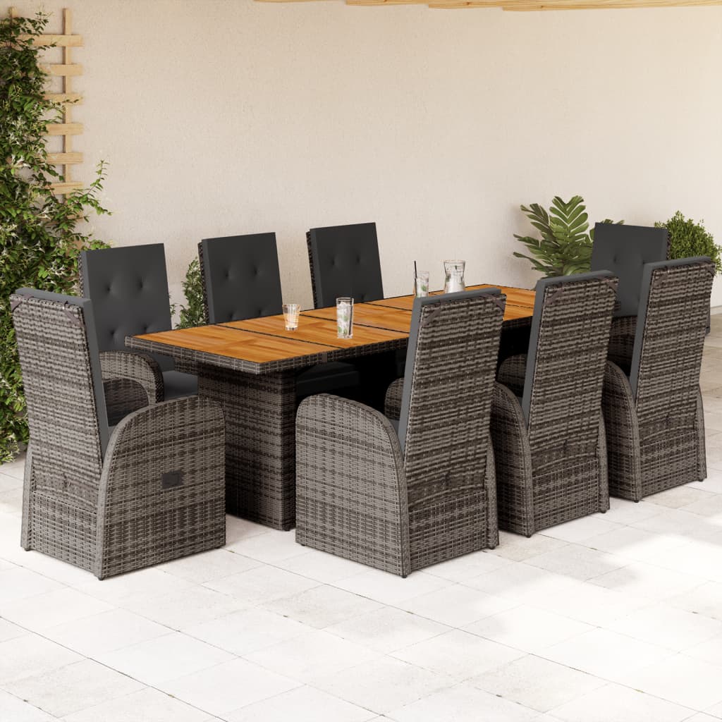 9 Pcs conjunto de jantar p/ jardim c/ almofadões vime PE cinza