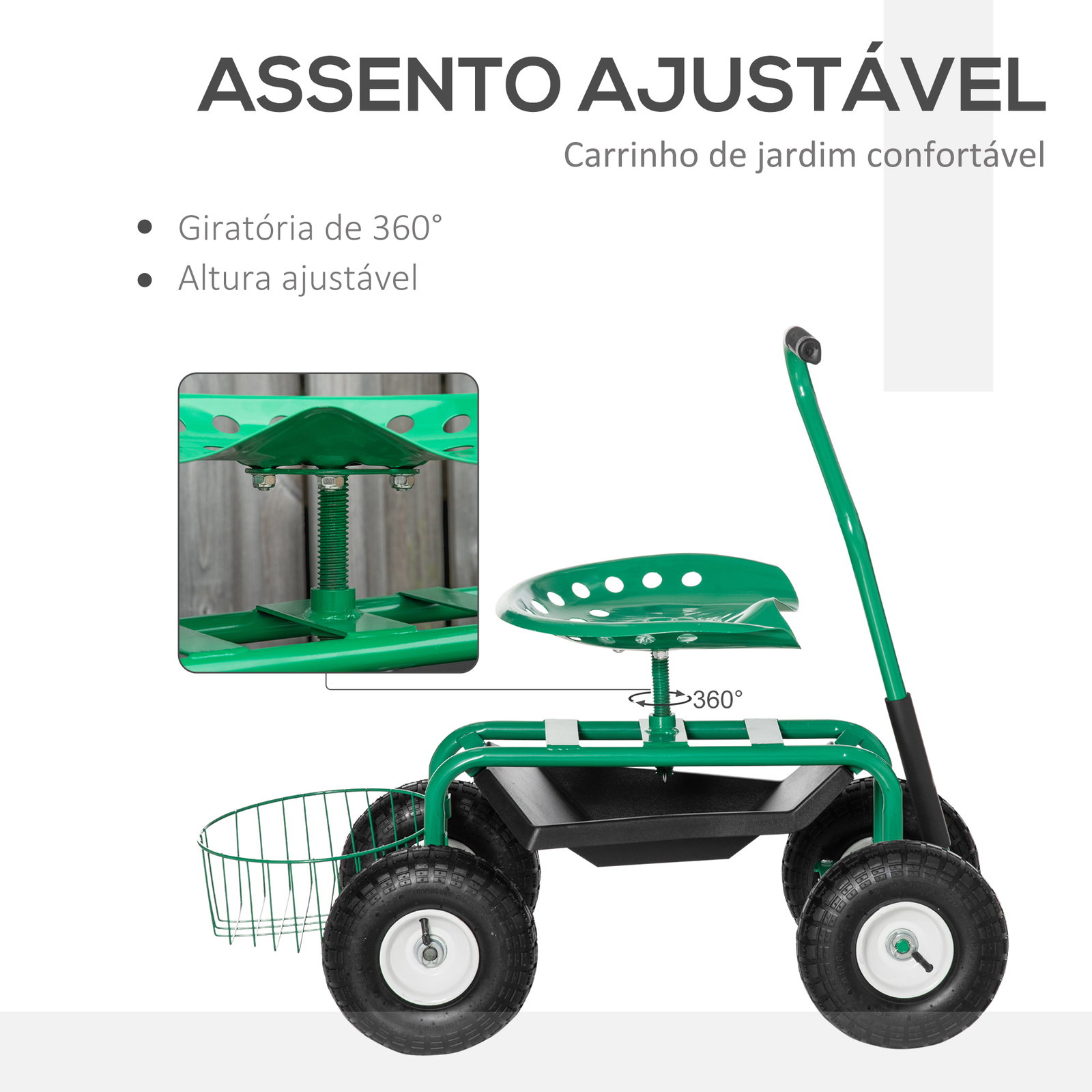 Banco de Jardim com Rodas Banco Giratório e Ajustável em Altura Bandeja para Ferramentas Cesta para Exterior Verde