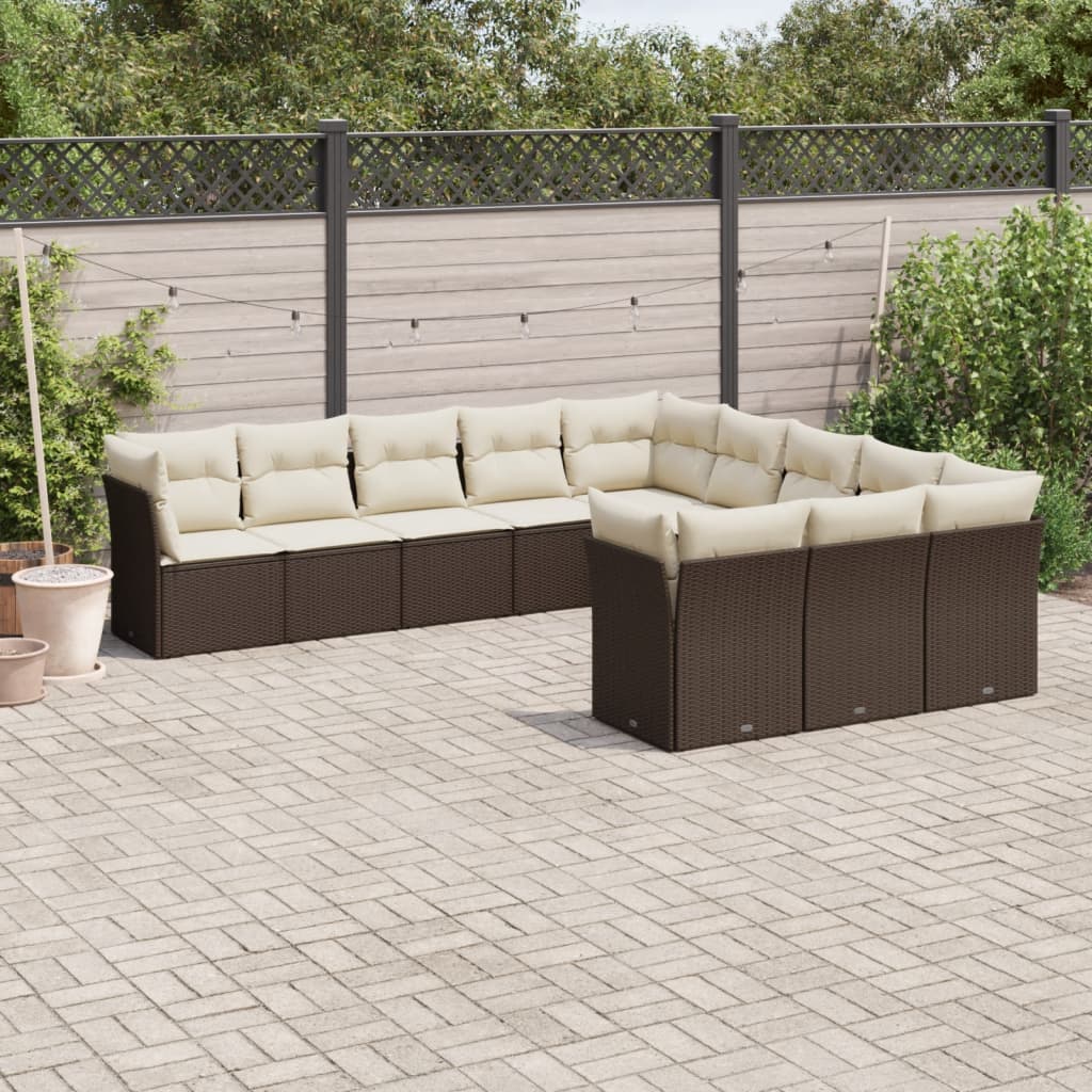 11 Pcs conjunto sofás de jardim c/ almofadões vime PE castanho