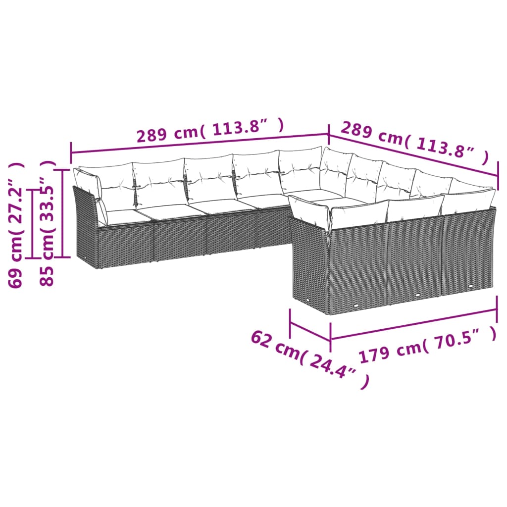 11 Pcs conjunto sofás de jardim c/ almofadões vime PE castanho