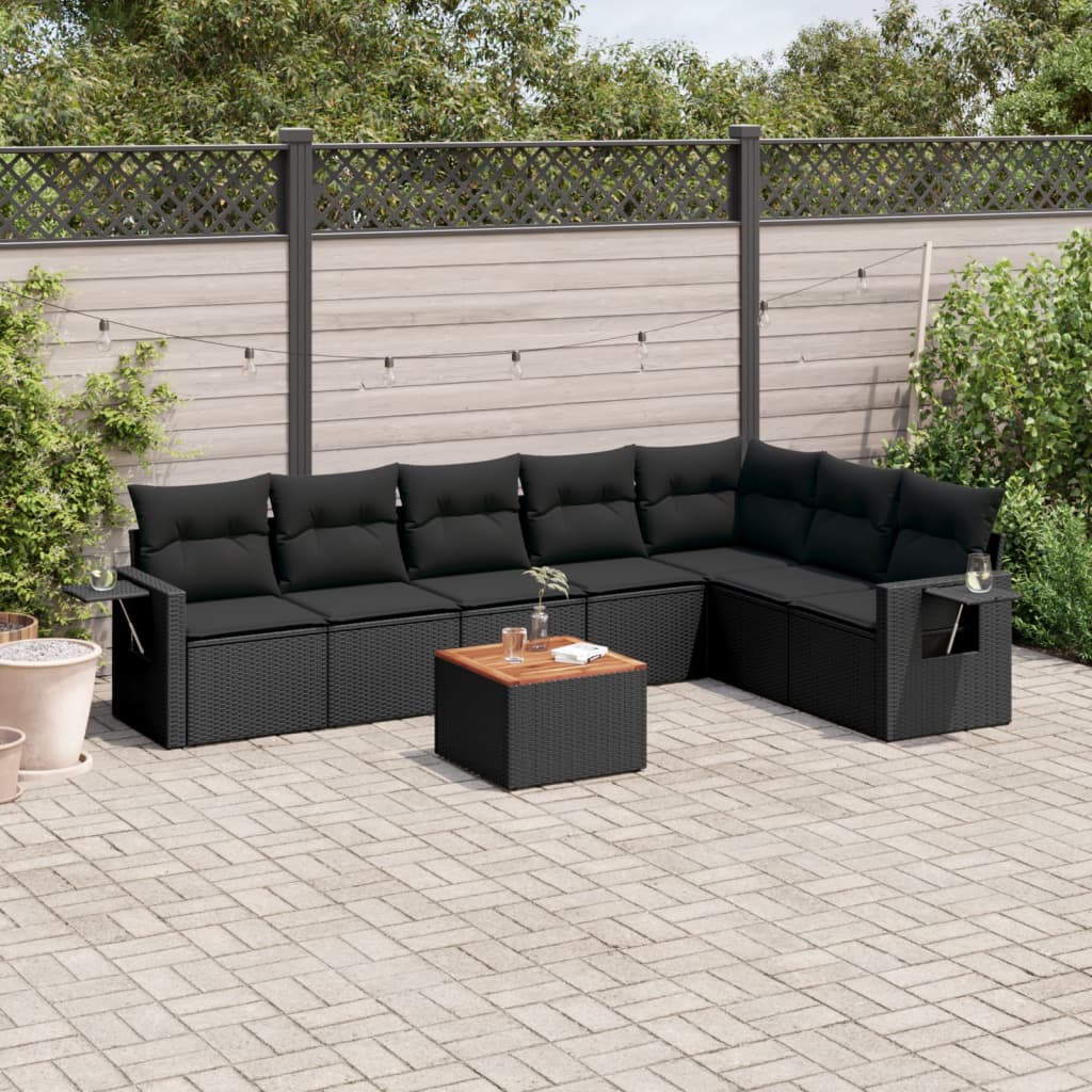 8 Pcs conjunto sofás de jardim com almofadões vime PE preto
