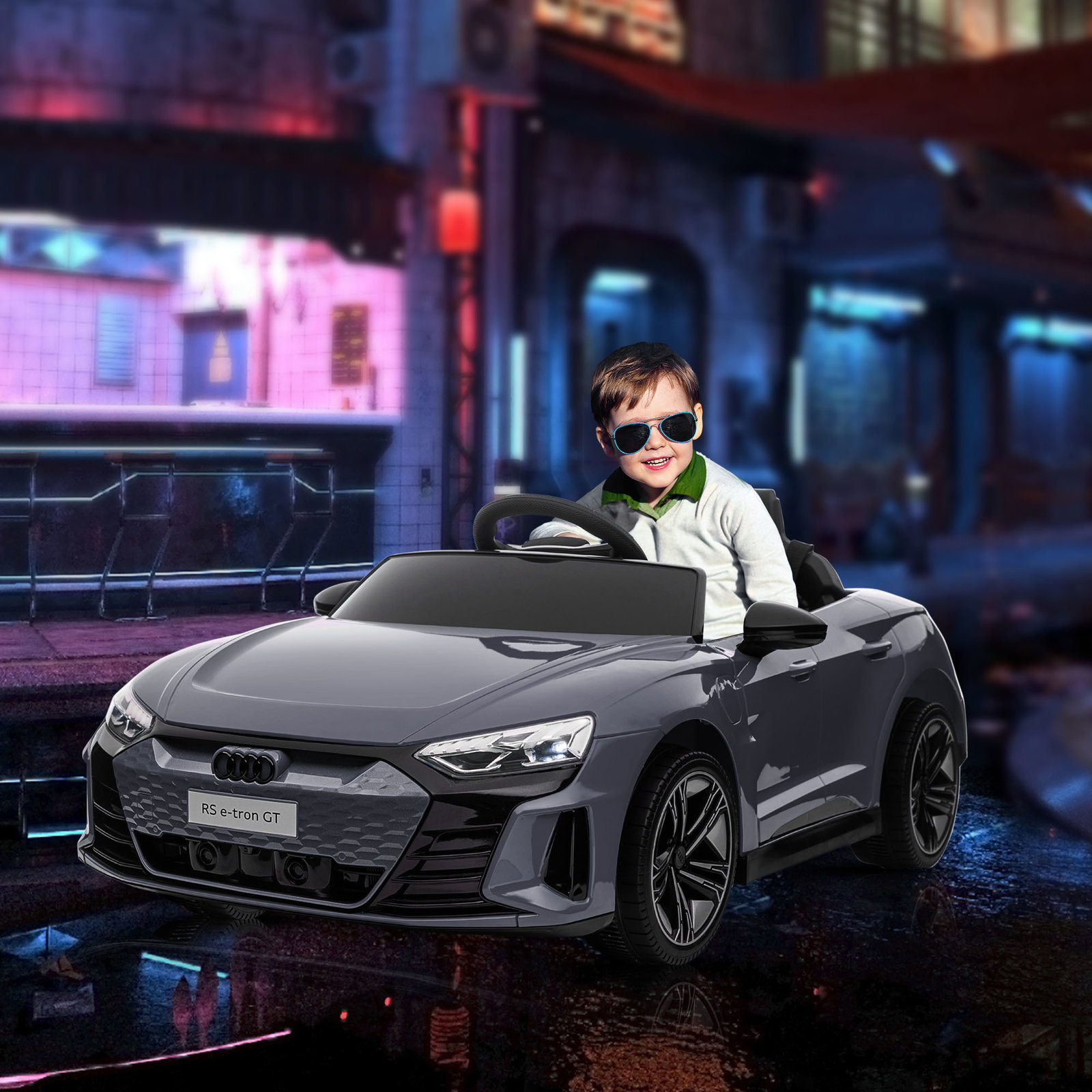 Carro elétrico audi rs e-tron gt 12v com 2 motores faróis LED buzina música USB 3-5km/h 103x58x41 cm cinzento