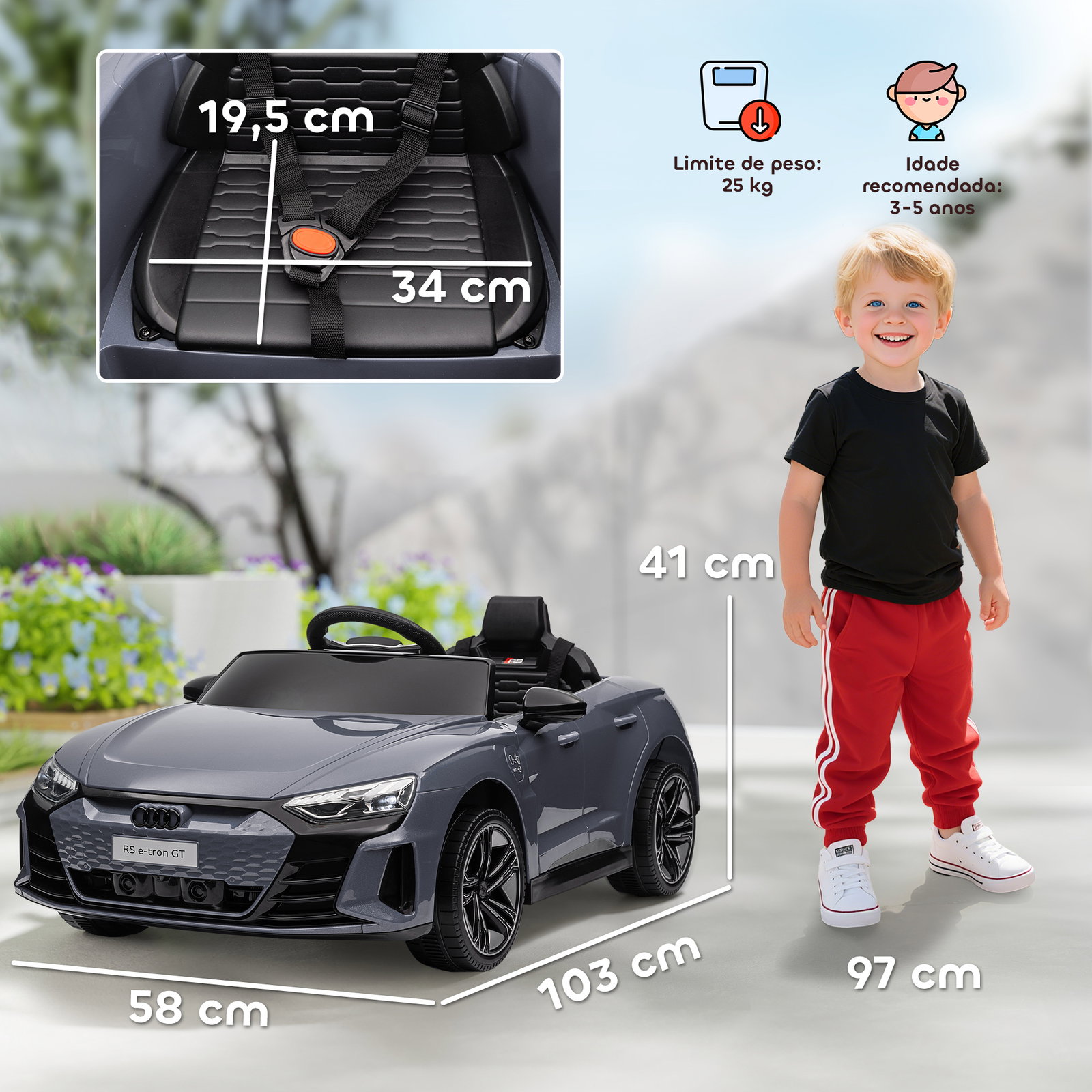 Carro elétrico audi rs e-tron gt 12v com 2 motores faróis LED buzina música USB 3-5km/h 103x58x41 cm cinzento