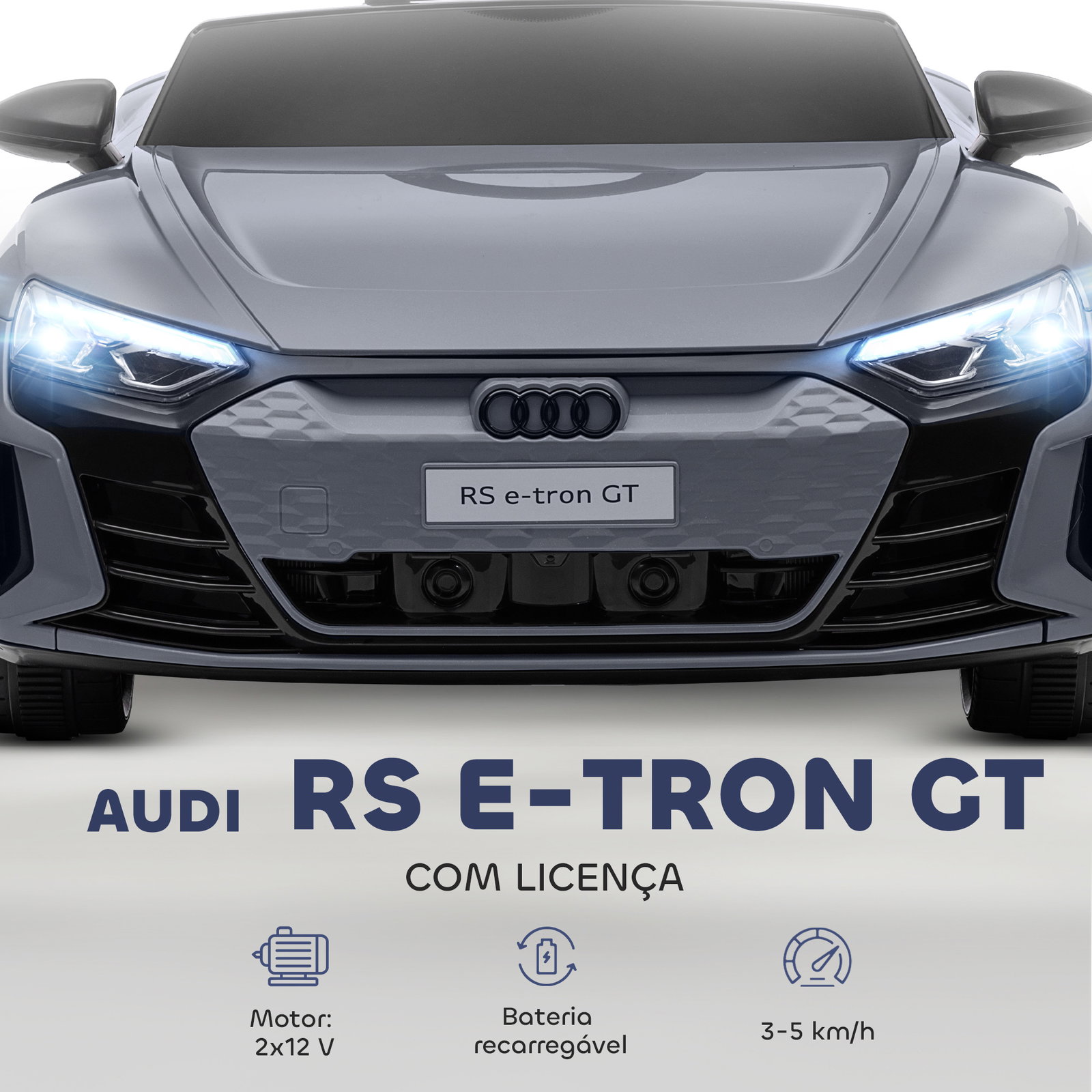 Carro elétrico audi rs e-tron gt 12v com 2 motores faróis LED buzina música USB 3-5km/h 103x58x41 cm cinzento