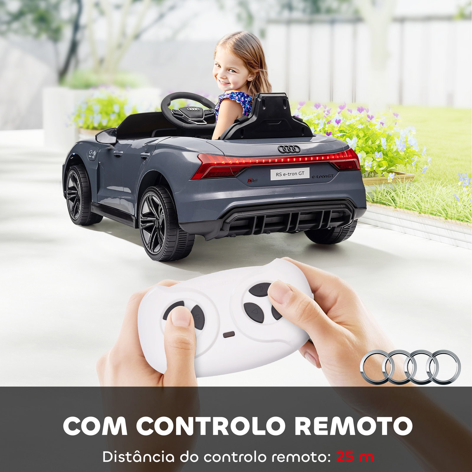 Carro elétrico audi rs e-tron gt 12v com 2 motores faróis LED buzina música USB 3-5km/h 103x58x41 cm cinzento