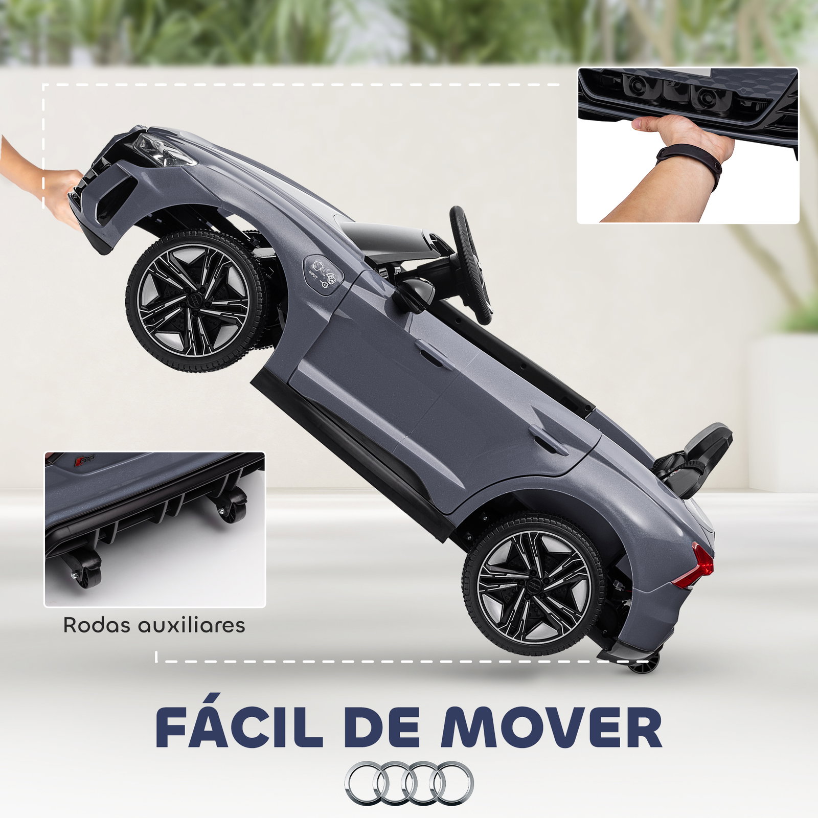 Carro elétrico audi rs e-tron gt 12v com 2 motores faróis LED buzina música USB 3-5km/h 103x58x41 cm cinzento