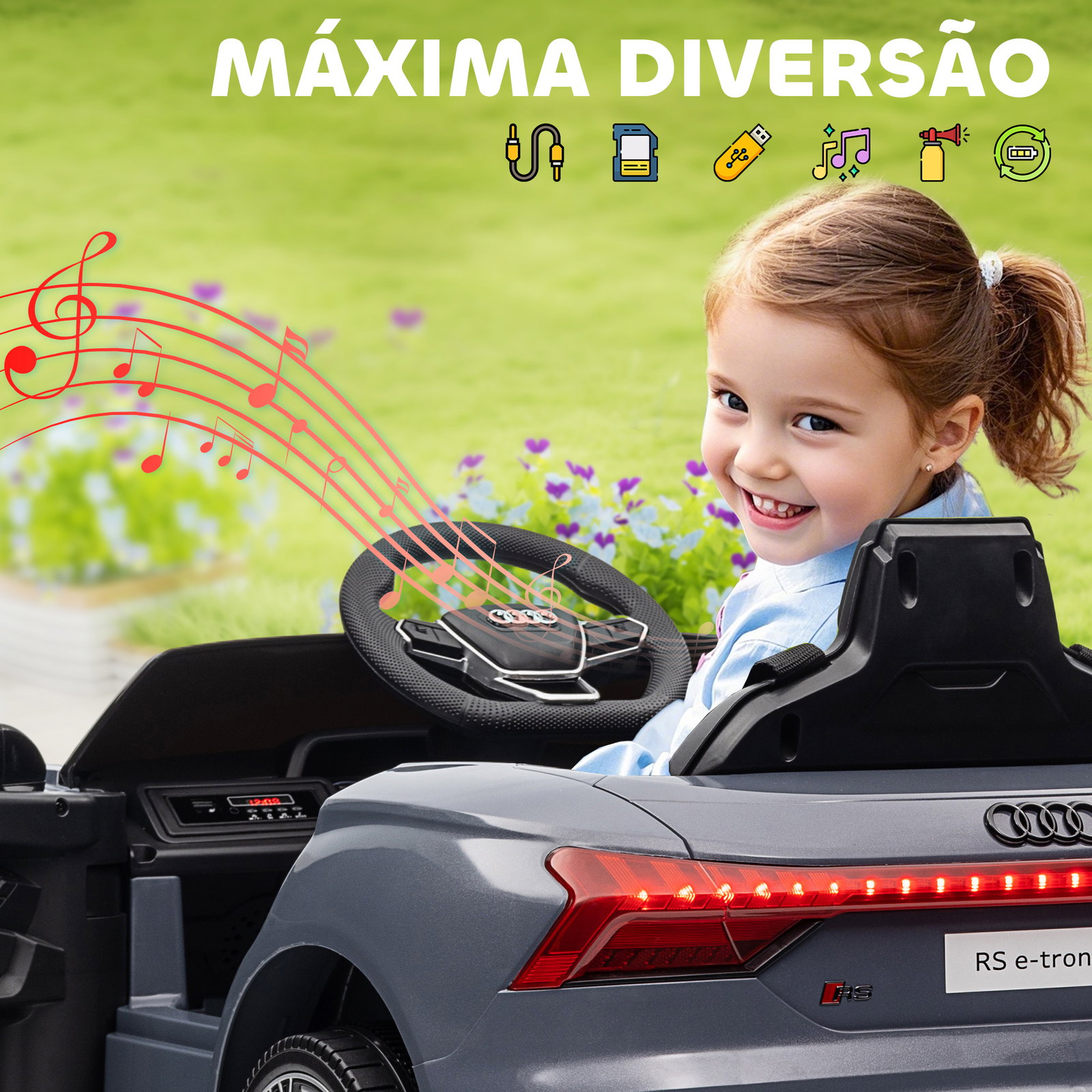 Carro elétrico audi rs e-tron gt 12v com 2 motores faróis LED buzina música USB 3-5km/h 103x58x41 cm cinzento